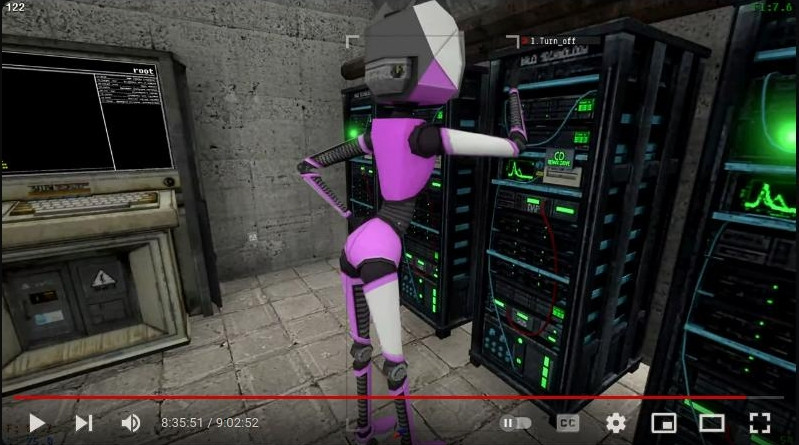 A character from the game "Voices of the Void", a skinny, pink android called "Omega Kerfus", as it poses with its "ass" sticking out, to fix a server in the game.