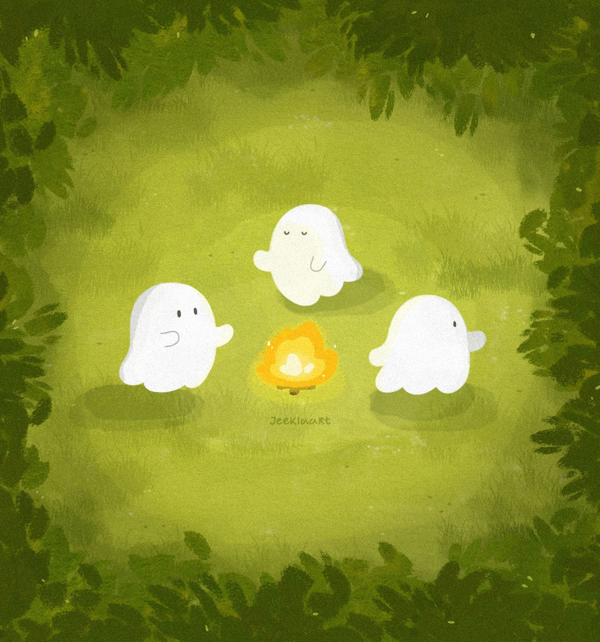 Illustration of three small white ghosts dancing around a tiny bonfire in a field of green grass. In the foreground there are foliage peaking out around the edge creating a window. 