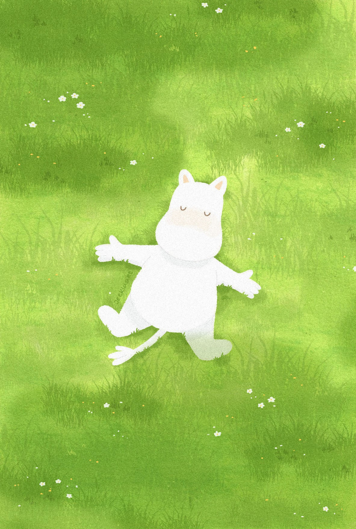 Illustration of Moomin troll laying on his back in a field of grass with small white flowers around him. Over him are shadows of the clouds making their way across the sky.