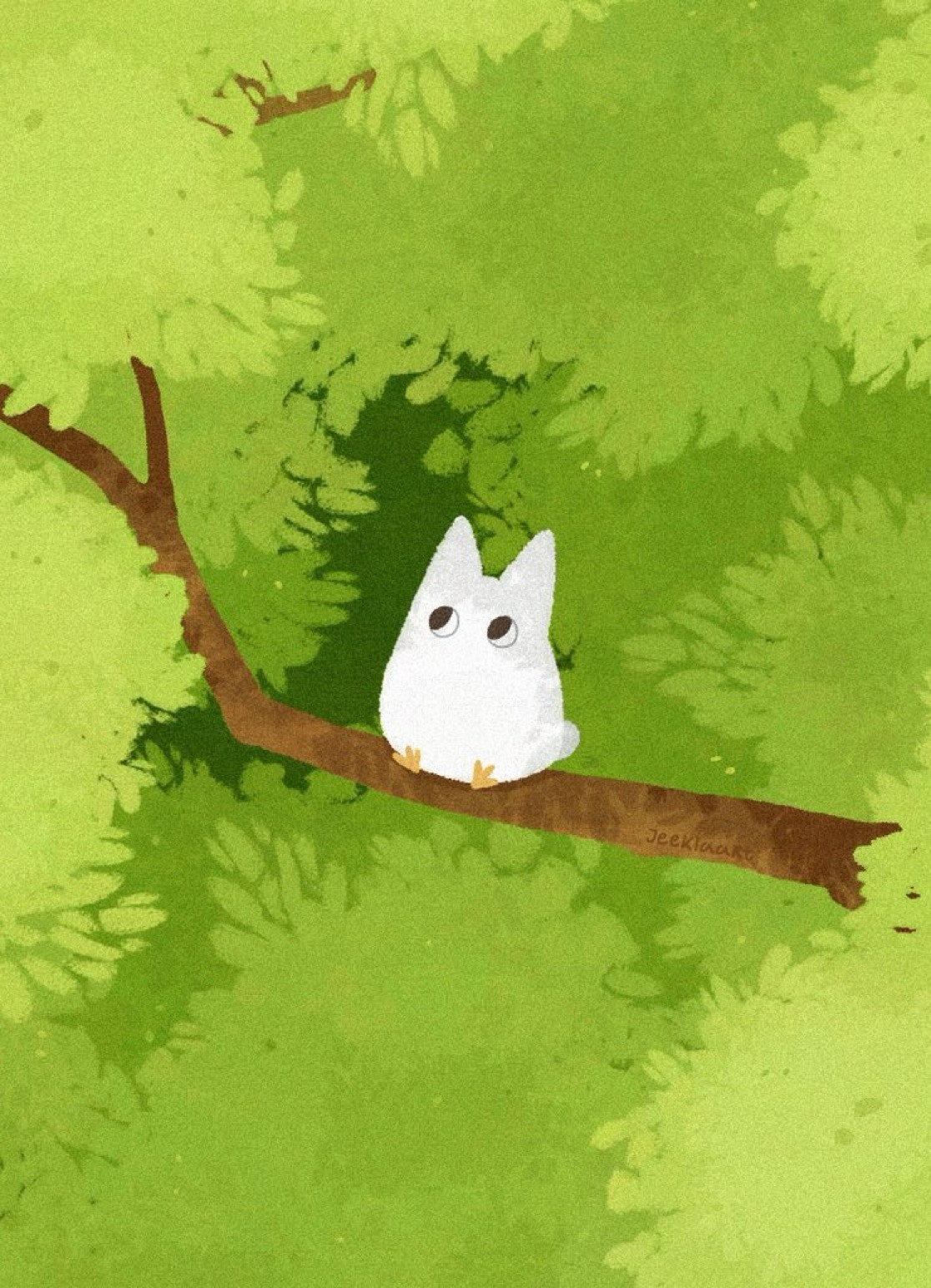 Illustration of a small white chibi Totoro sitting on a tree branch surrounded by lush green leafs