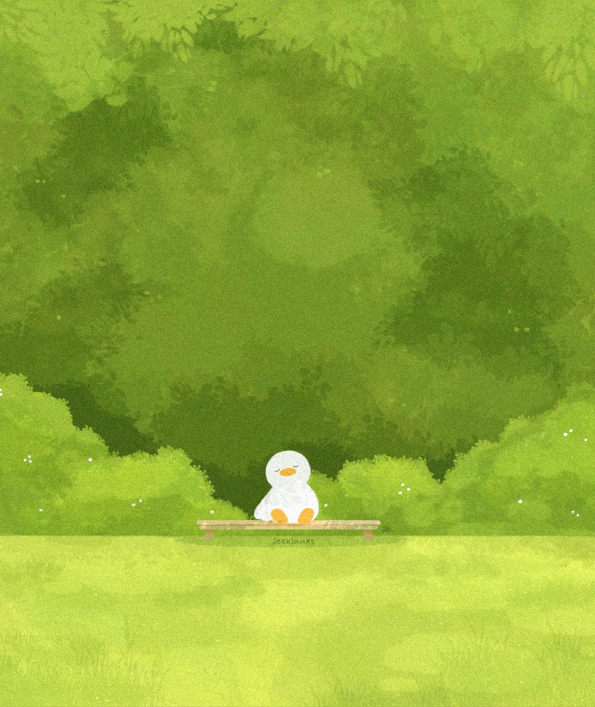 Illustration of a small white duck sitting on a low park bench sleeping. The background is a lush blend of tree leaves and bushes, infront of the bench in a wide green grass field.