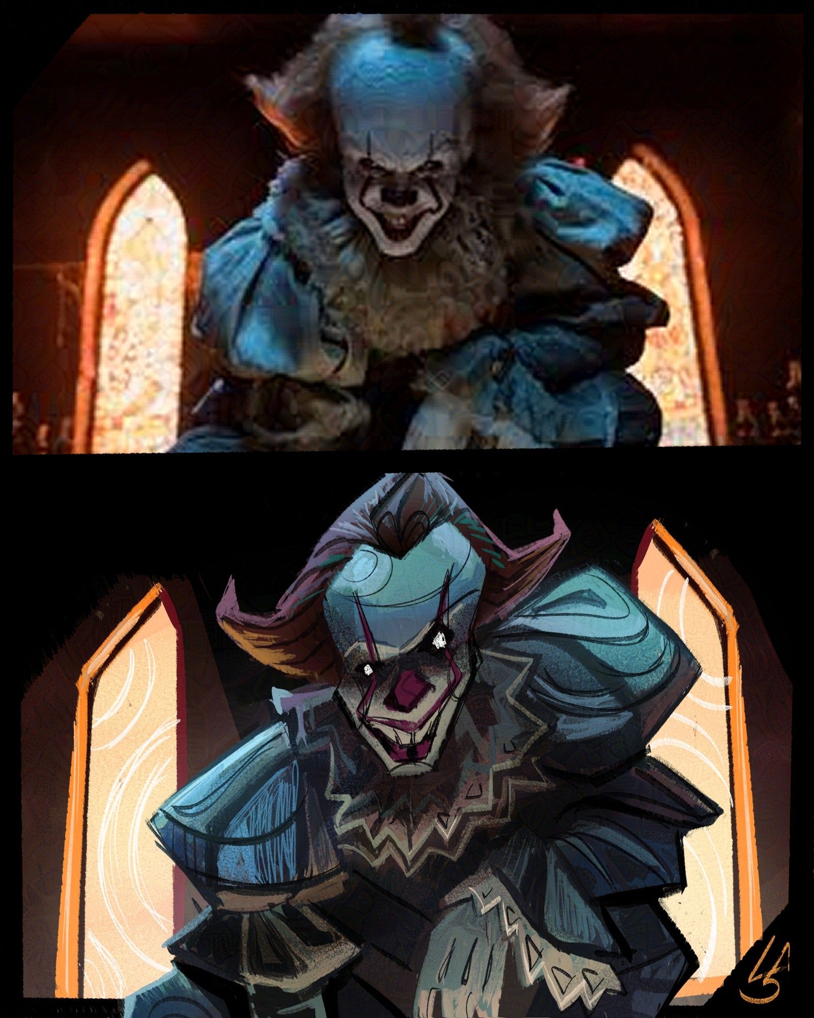 An art study of Pennywise from IT. Top is the original image , bottom is the light/ colour study. We see a evil smiling clown crouching