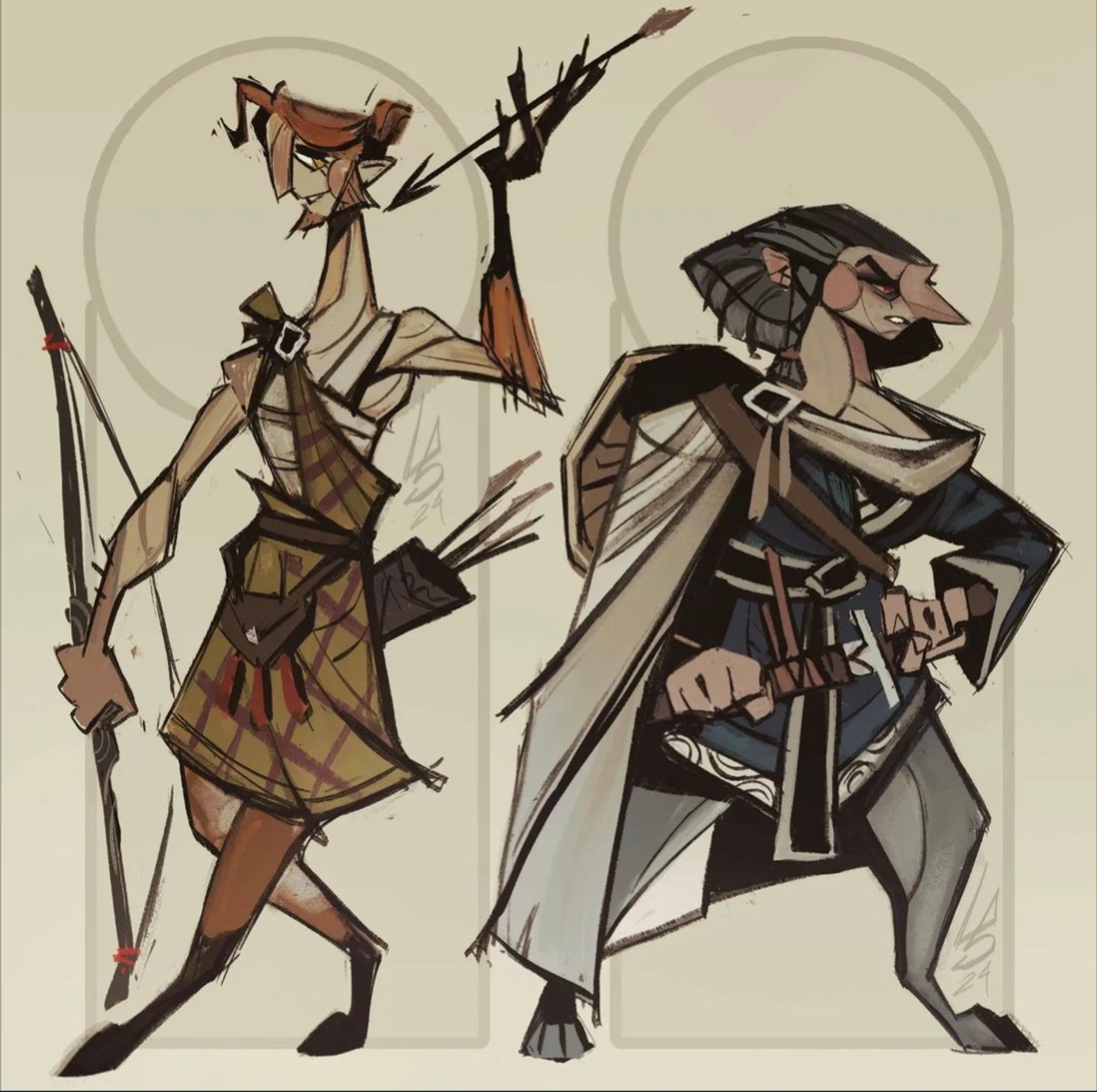 Twi shapeshifters, one on the left is a foxman holding a bow and arrow looking smirk. The one on the right is a warrior wolfwoman, pulling out her sword