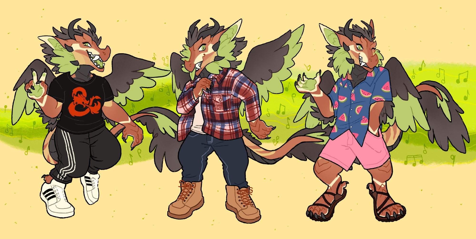 Dragon wearing three different outfits: A D&D shirt with sweatpants; a flannel with jeans and boots; a watermelon shirt with pink shorts and sandals