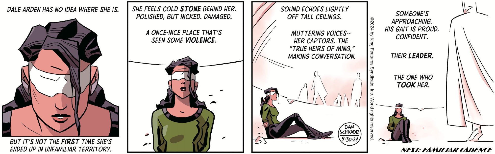 Monday's FLASH GORDON strip: Dale Arden, blindfolded with no idea of where she is, slowly starts to visualize shapes and people around her as she uses her four other senses to perceive her surroundings.