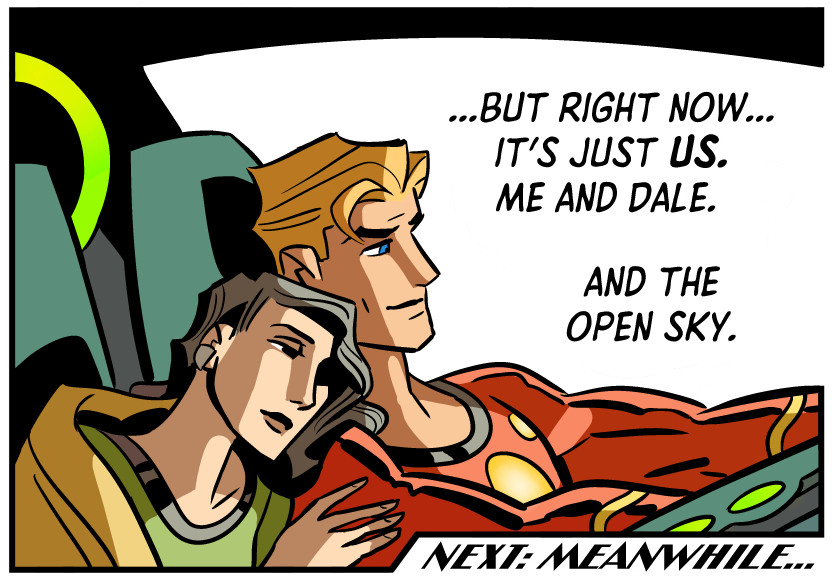 Flash Gordon and Dale Arden lean against each other in the cockpit of a Mongothic windcraft in this panel from my most recent FLASH GORDON sunday strip. 