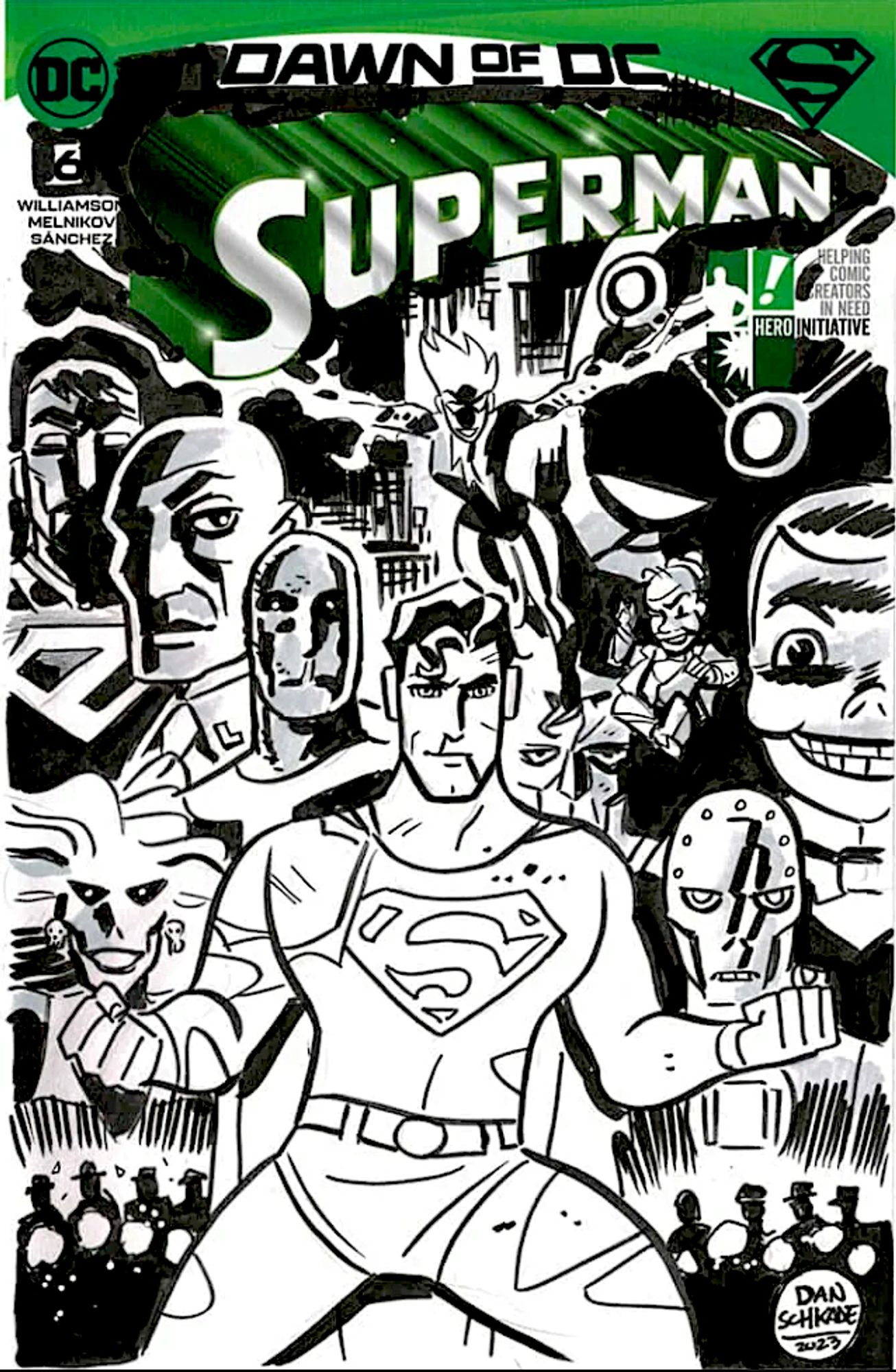 A battered but undaunted Superman stands before his rogues gallery in a sketch cover I did for the Hero Initiative's charitable SUPERMAN 100 PROJECT