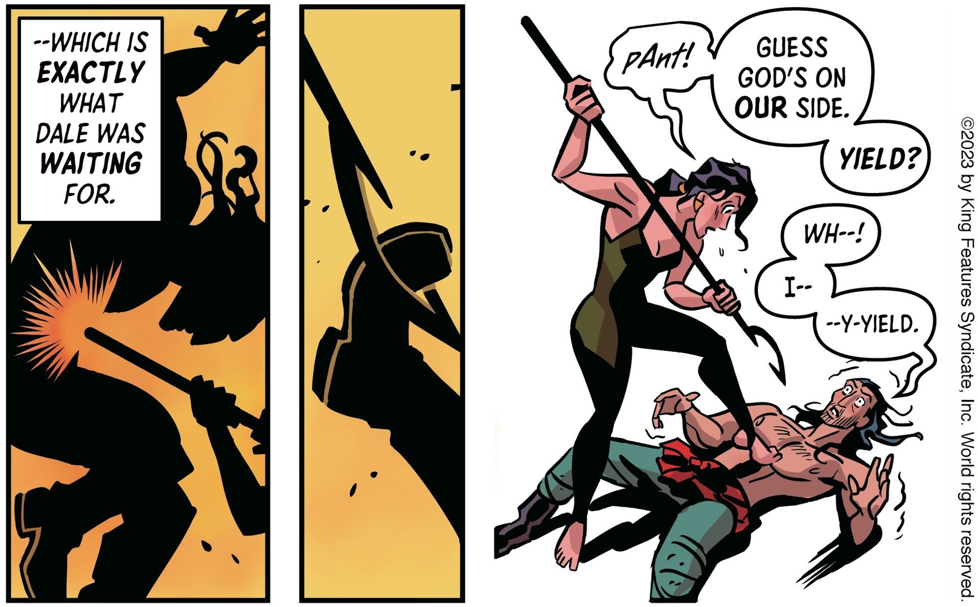 Panels from a 2023 FLASH GORDON strip I wrote and drew, featuring Dale Arden besting an imperial airman in trial by combat.