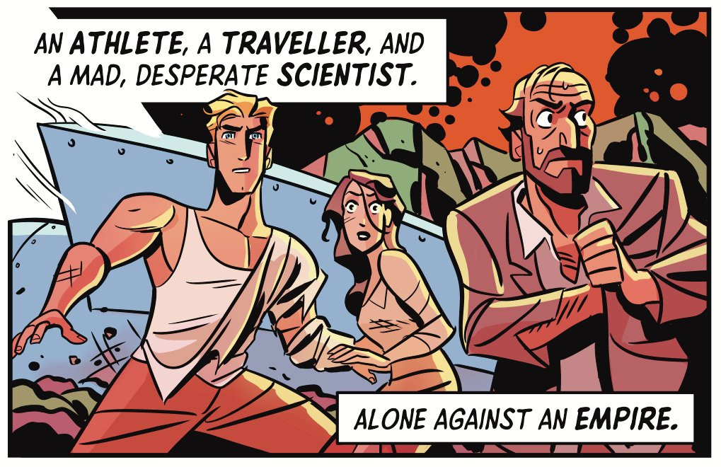 Brave and handsome Flash Gordon, anxious and lovely Dale Arden, and crazed and rugged Doctor Hans Zarkov look around after having just crashed landed on Planet Mongo in this panel from my first FLASH GORDON strip from October 22nd 2023.