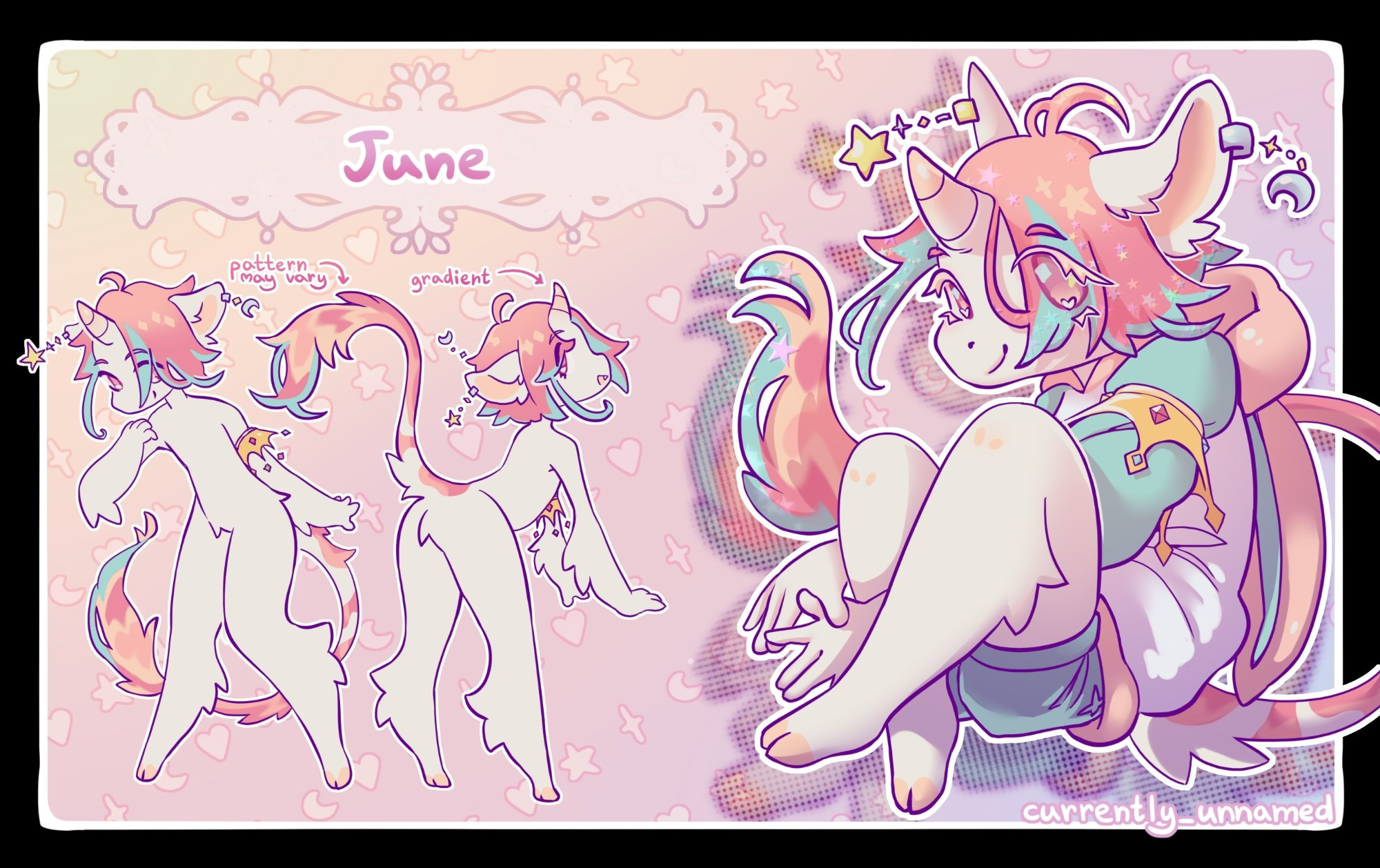 fursona reference sheet: white unicorn with pink and blue hair