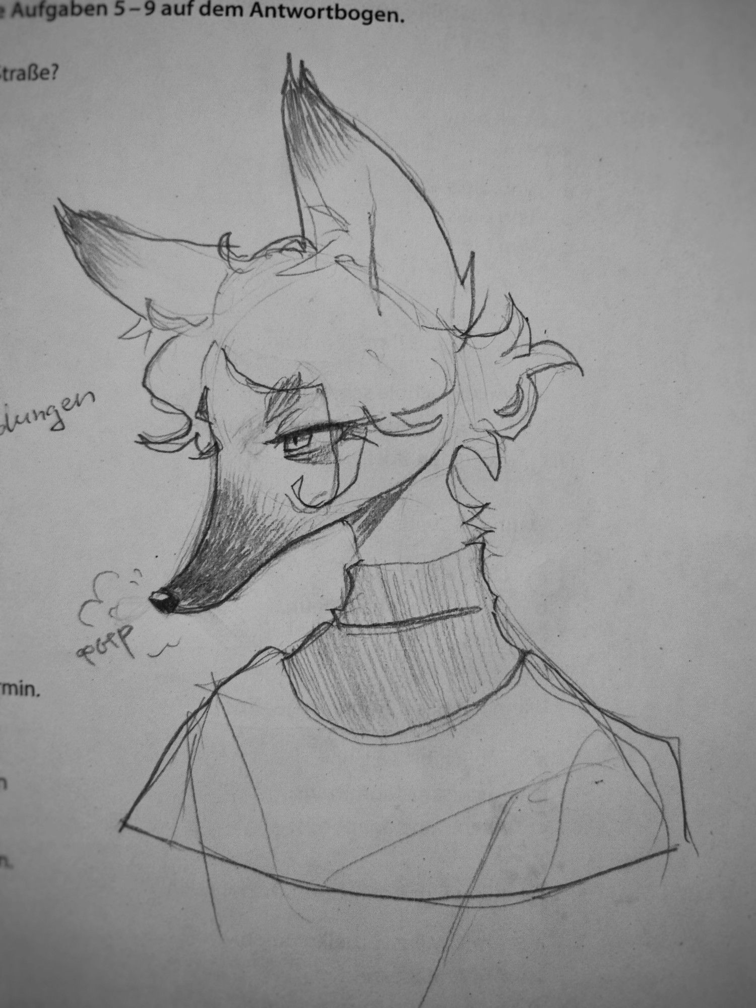 Pencil drawing of an anthro fox with wavy hair, he looks tired