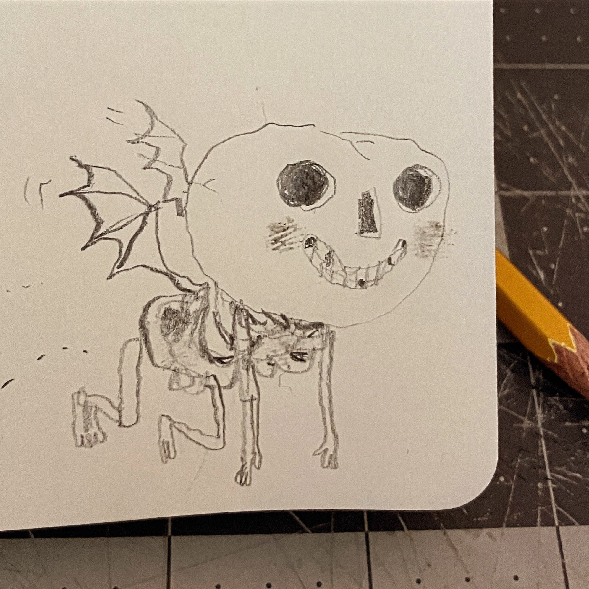 A little smiling skeleton flying with little bat wings 