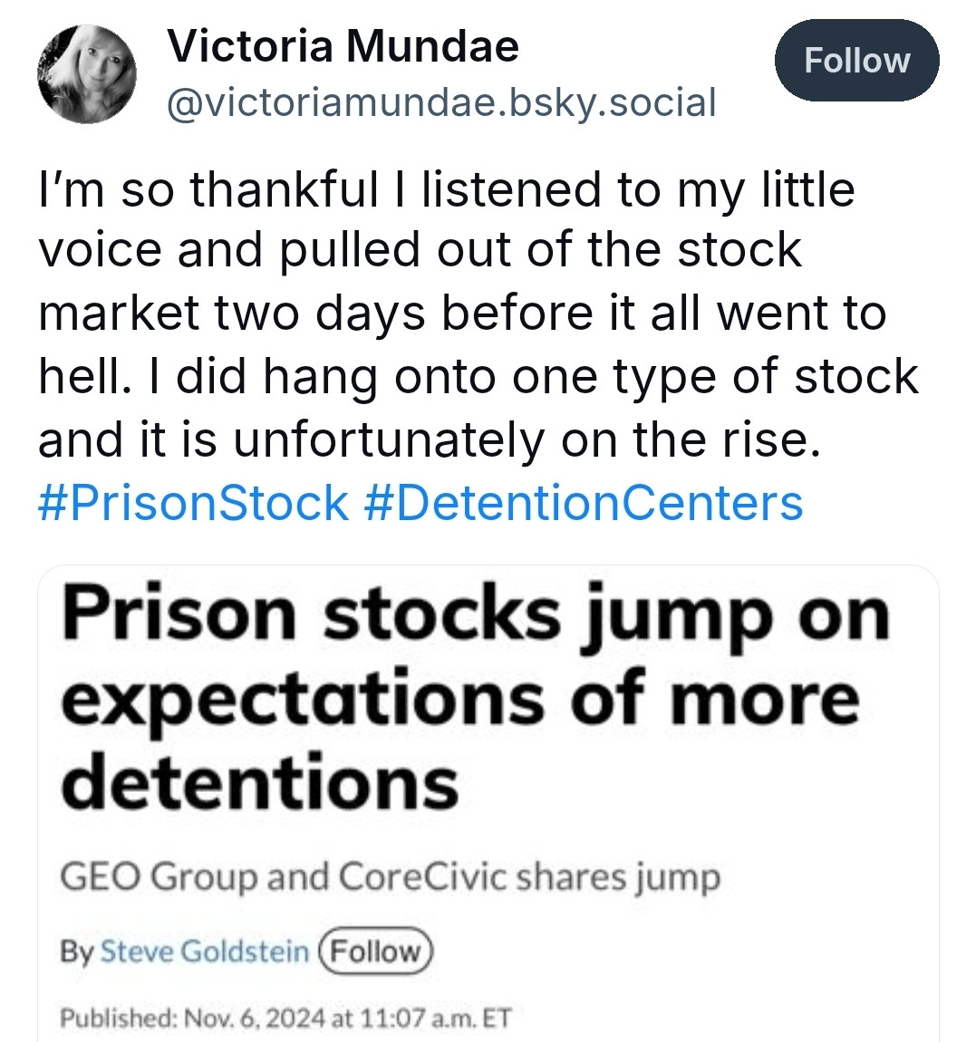 Screenshot of someone bragging they sold all stocks but held on to one one - prison industries - and that one type jumped. 