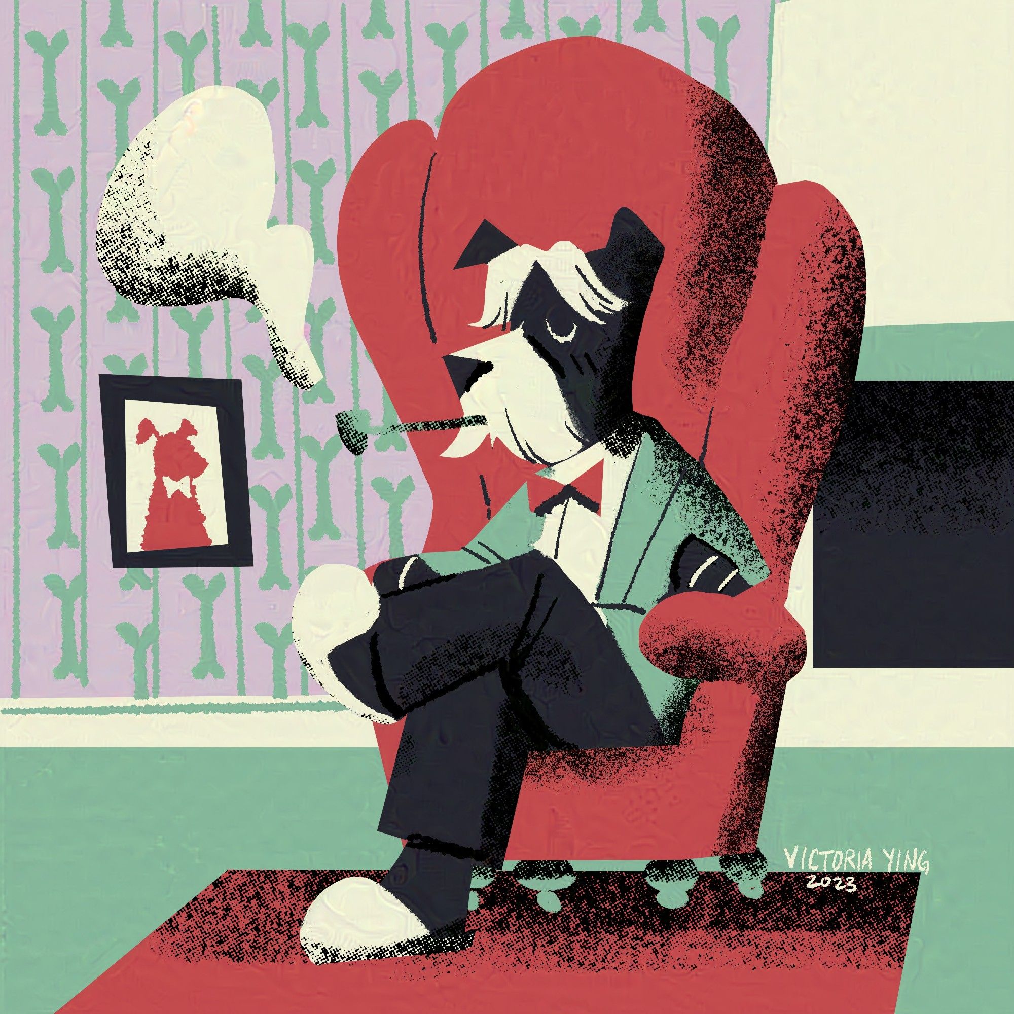 An illustration of a Schnauzer smoking a pipe