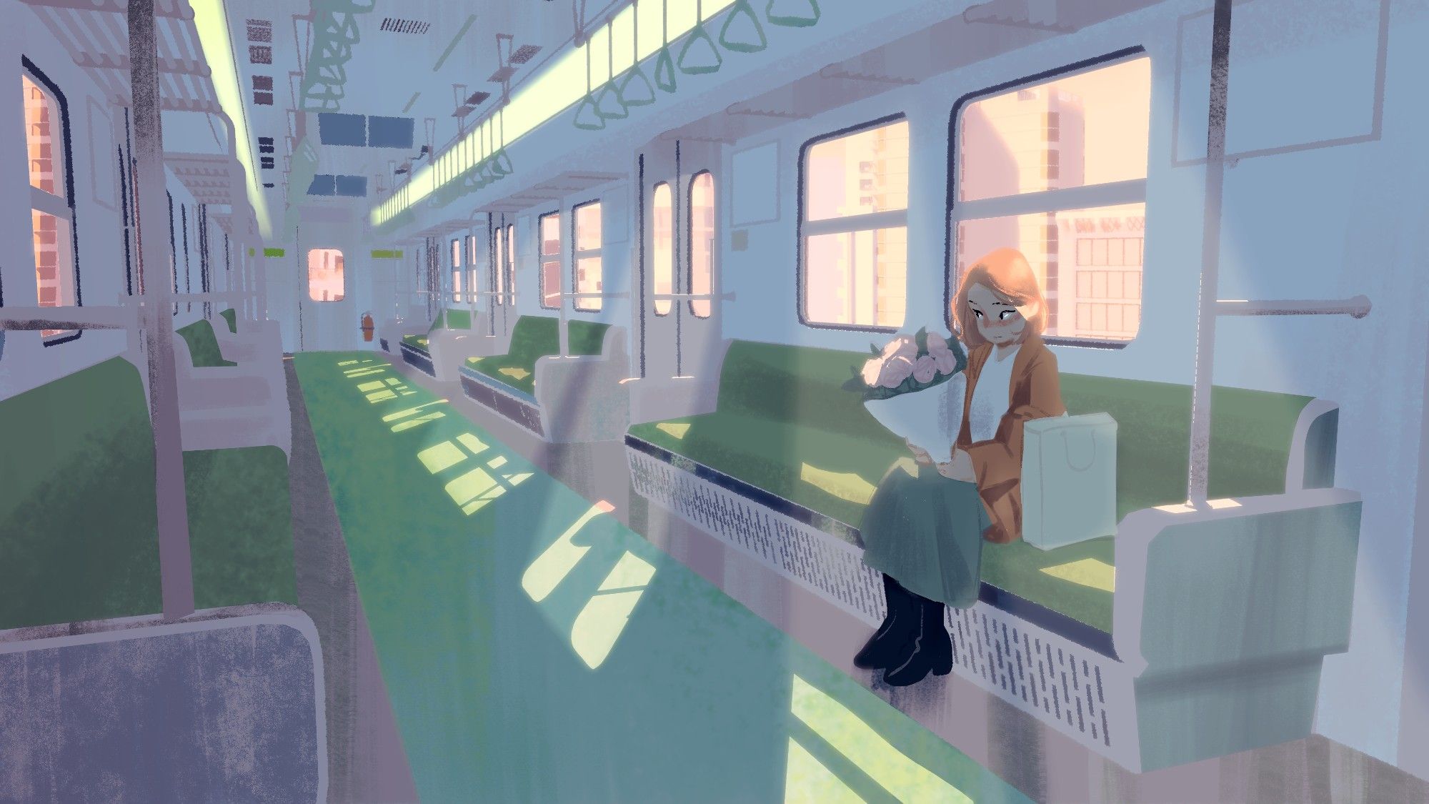 A girl sitting alone in a subway car with flowers and a shopping bag