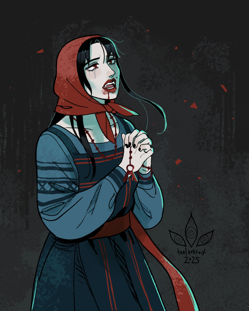 A dhampir woman with long black hair holds a rosary in prayer, her makeup smudged and a trickle of blood running from her mouth