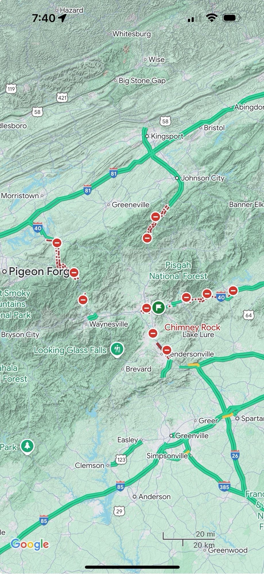 Google Maps view of the area, with all highways on and out currently closed.