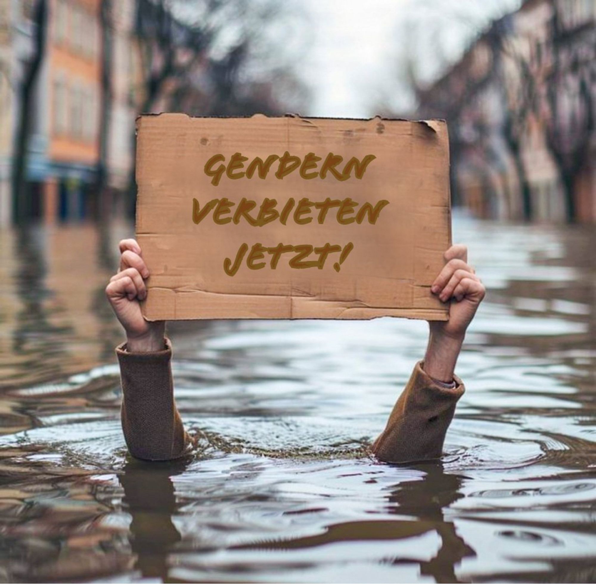 Schild mit “Gendern verbieten jetzt” wird von einer Person hochgehalten die bei Hochwasser bis über den Kopf überspült wird.