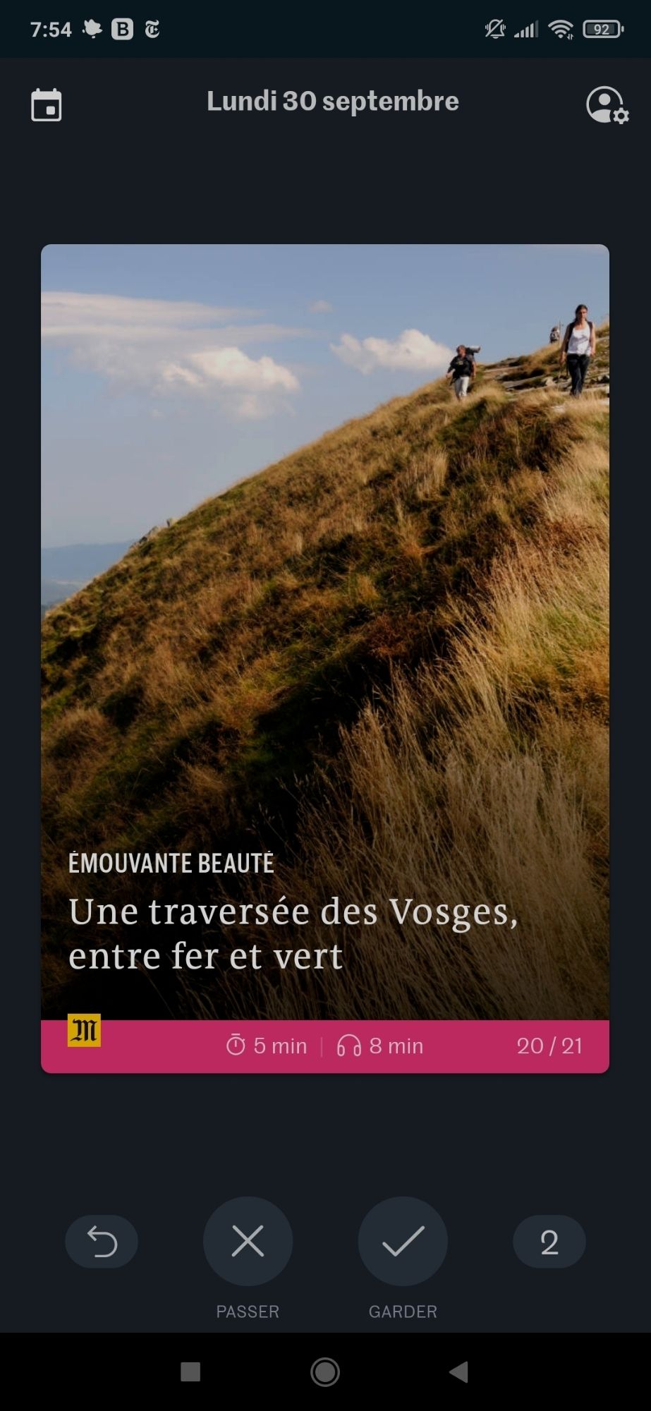 Screenshot de la Matinale du monde avec un article intitulé "Une traversée des Vosges, entre fer et vert"