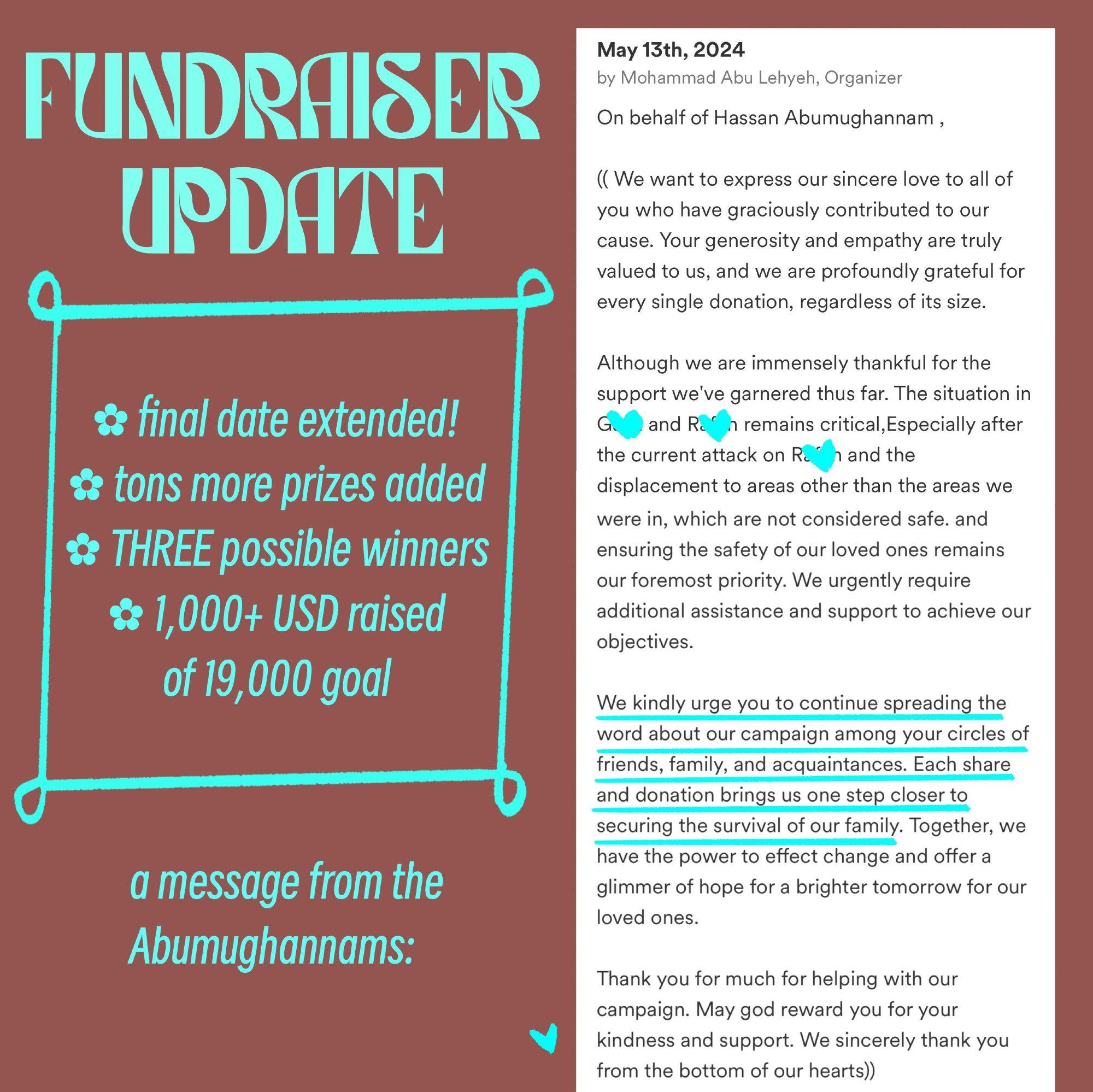 Clay and tan colored background with teal and brown text. Text reads, “Fundraiser update! Final date extended, tons more prizes added, three possible winners, $1,000+ USD raised of $19,000 goal. A message from the Abumughannams:” The messages updates on the situation in Rafah, additional needs, and a thank you from the family for funds raised so far. *The full update from the family can be read in full on the go fund me page linked in bio*.