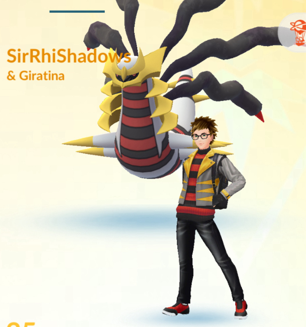 A cropped screenshot of Pokémon Go, showcasing my trainer dressed in an outfit resembling Giratina, posing with a Giratina Origin Forme floating behind him.