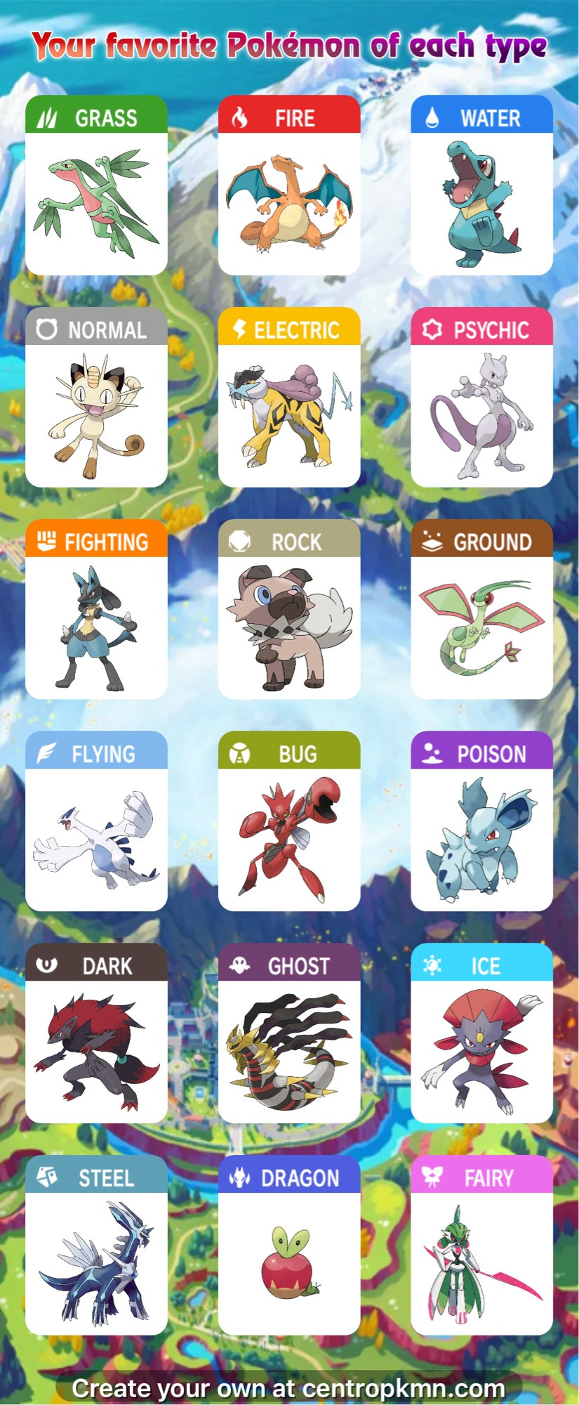 An image indicating Rhi’s favourite Pokémon of each type. The image itself is rather vertical, with boxes of each Pokémon type in rows of three, with a single Pokémon in each box. The caption at the top says “Your favourite Pokémon of each type”. Rhi’s favourites according to this image, from top to bottom and left to right:
Grass: Grovyle
Fire: Charizard
Water: Totodile
Normal: Meowth
Electric: Raikou
Psychic: Mewtwo
Fighting: Lucario
Rock: Rockruff
Ground: Flygon
Flying: Lugia
Bug: Scizor
Poison: Nidorina
Dark: Zoroark
Ghost: Giratina (Origin)
Ice: Weavile
Steel: Dialga
Dragon: Applin
Fairy: Iron Valiant