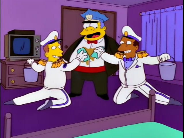 Garbagemen cleaning up chief wiggum's stained shirt