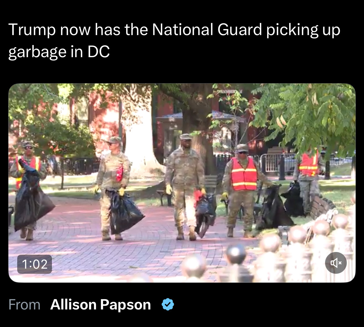 Trump now has the National Guard picking up garbage in DC
1:02
From Allison Papson
口x