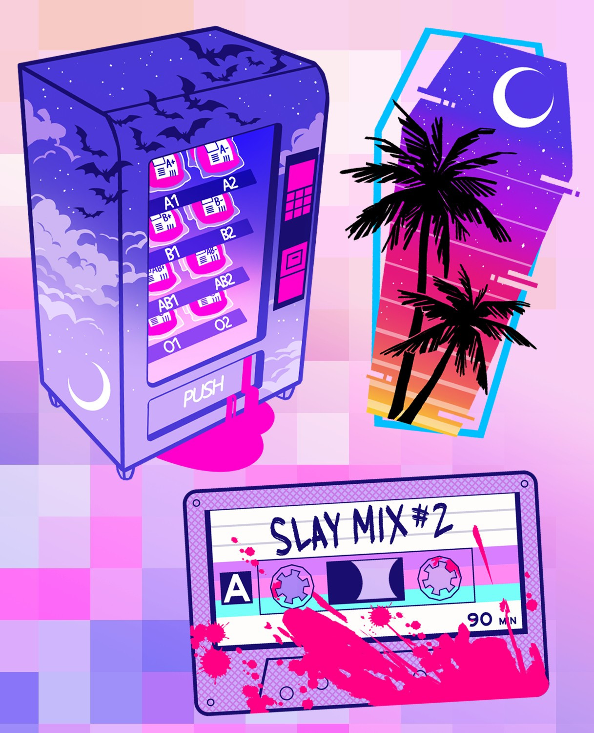 three designs: a vending machine decorated with clouds and bats that sells hot pink blood with blood pouring out of it; a coffin shape containing palm trees, a sunset gradient, moon and stars; and a cassette tape drenched in hot pink blood labeled "slay mix #2"