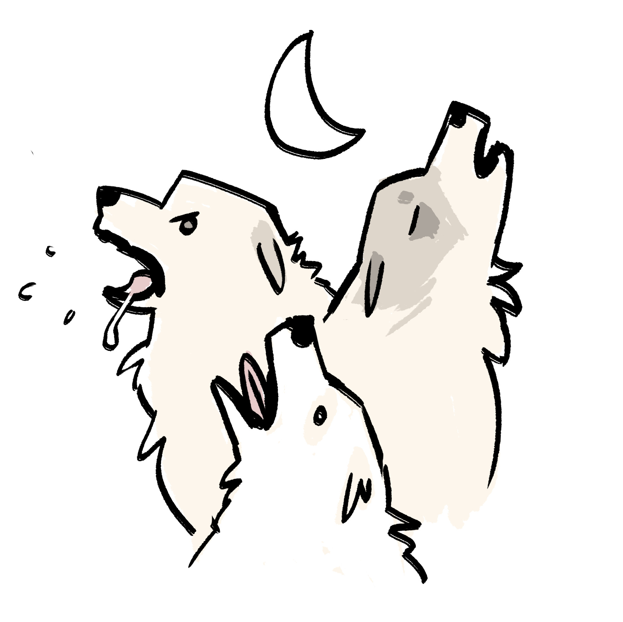 a drawing of 3 great pyrenees dogs barking. there is also a crudely drawn crescent moon