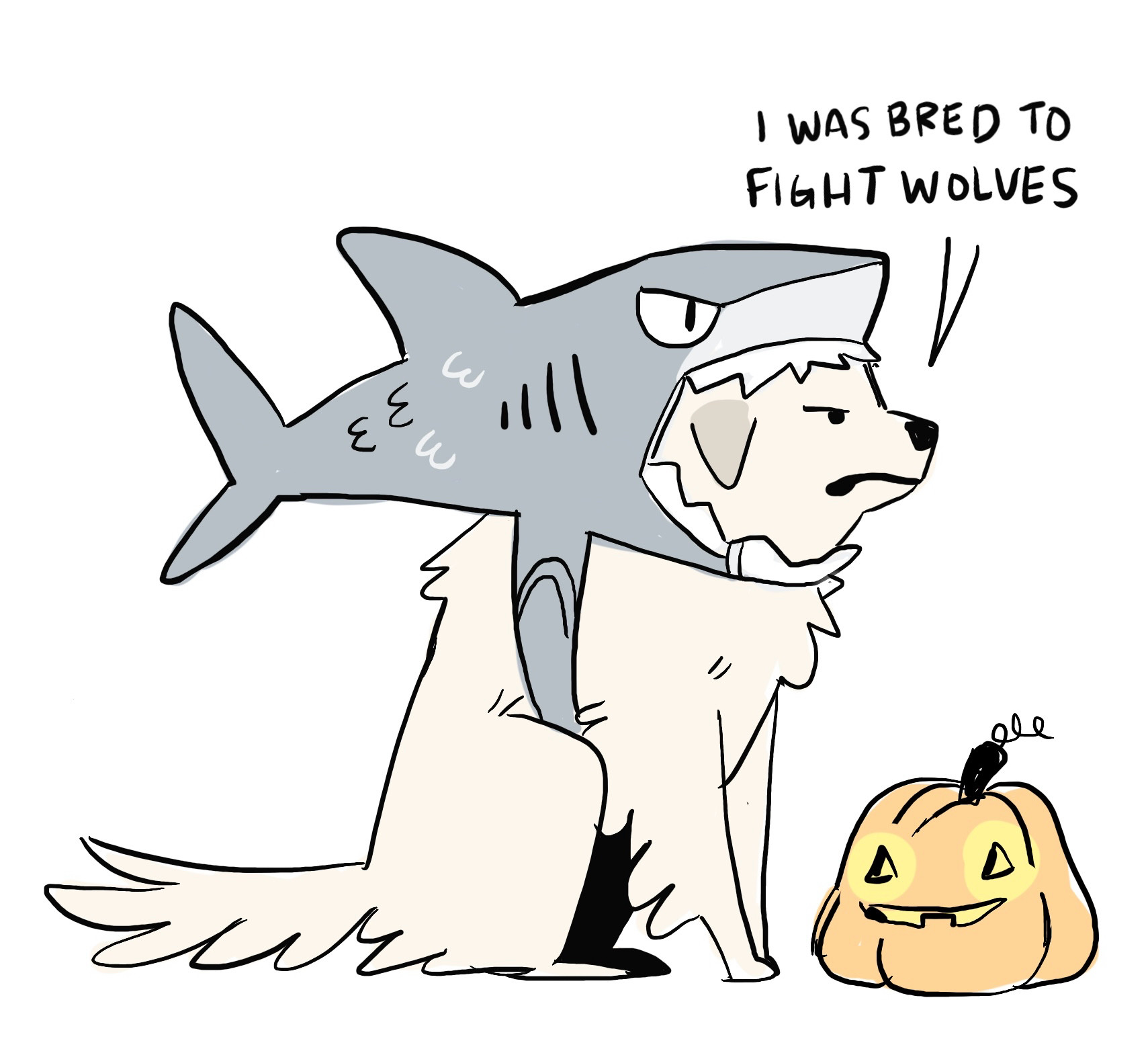 the pyr review - a drawing of a great pyrenees dog wearing a shark costume, sitting beside a pumpkin. he is saying “i was bred to fight wolves” and looks unimpressed 

#comic #webcomic #art 