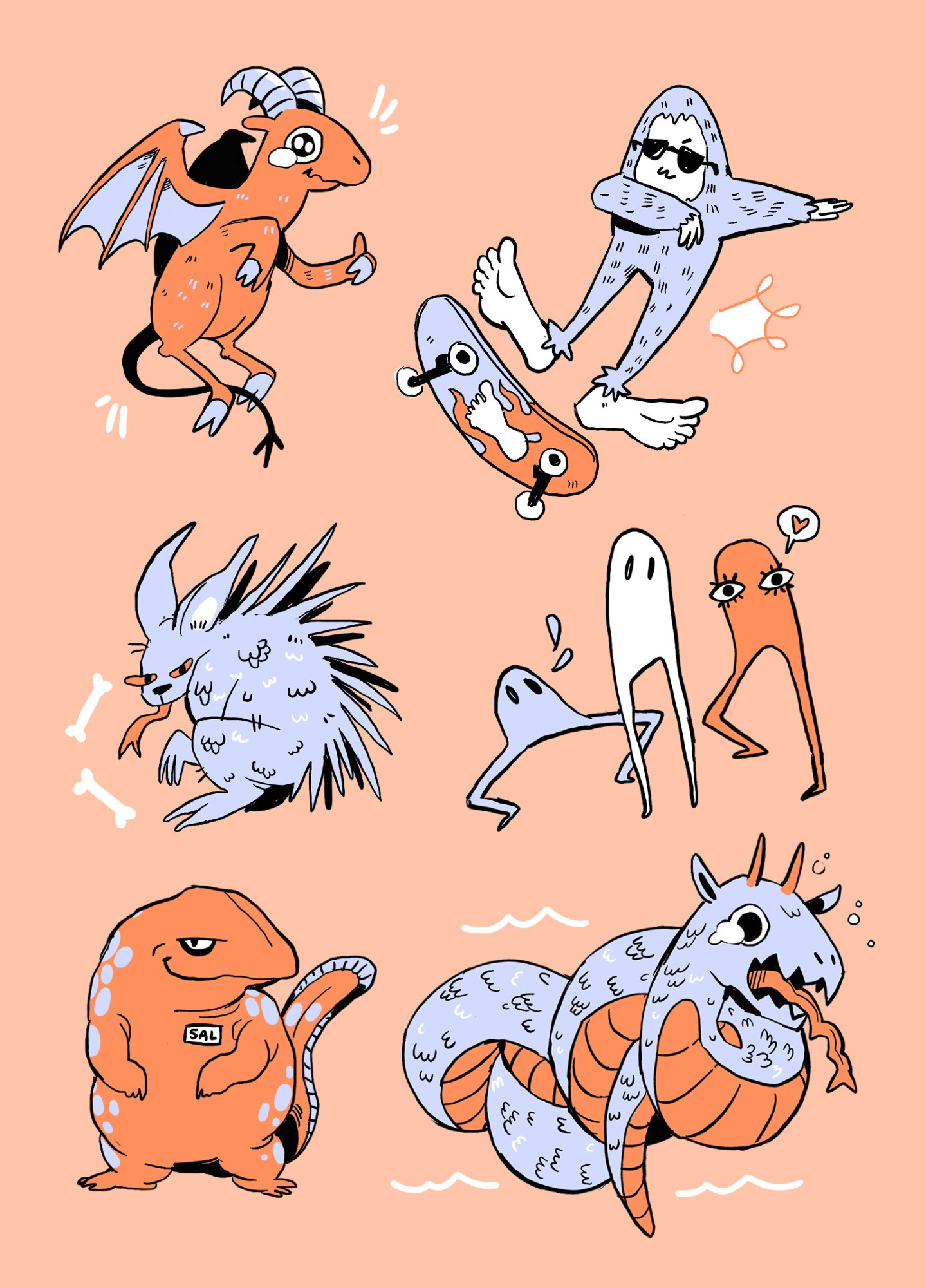 an illustration in orange and blue tones, depicting: the jersey devil, sasquatch (he is skateboarding), chupacabra, the fresno nightcrawlers, trinity alps giant salamander, and ogopogo