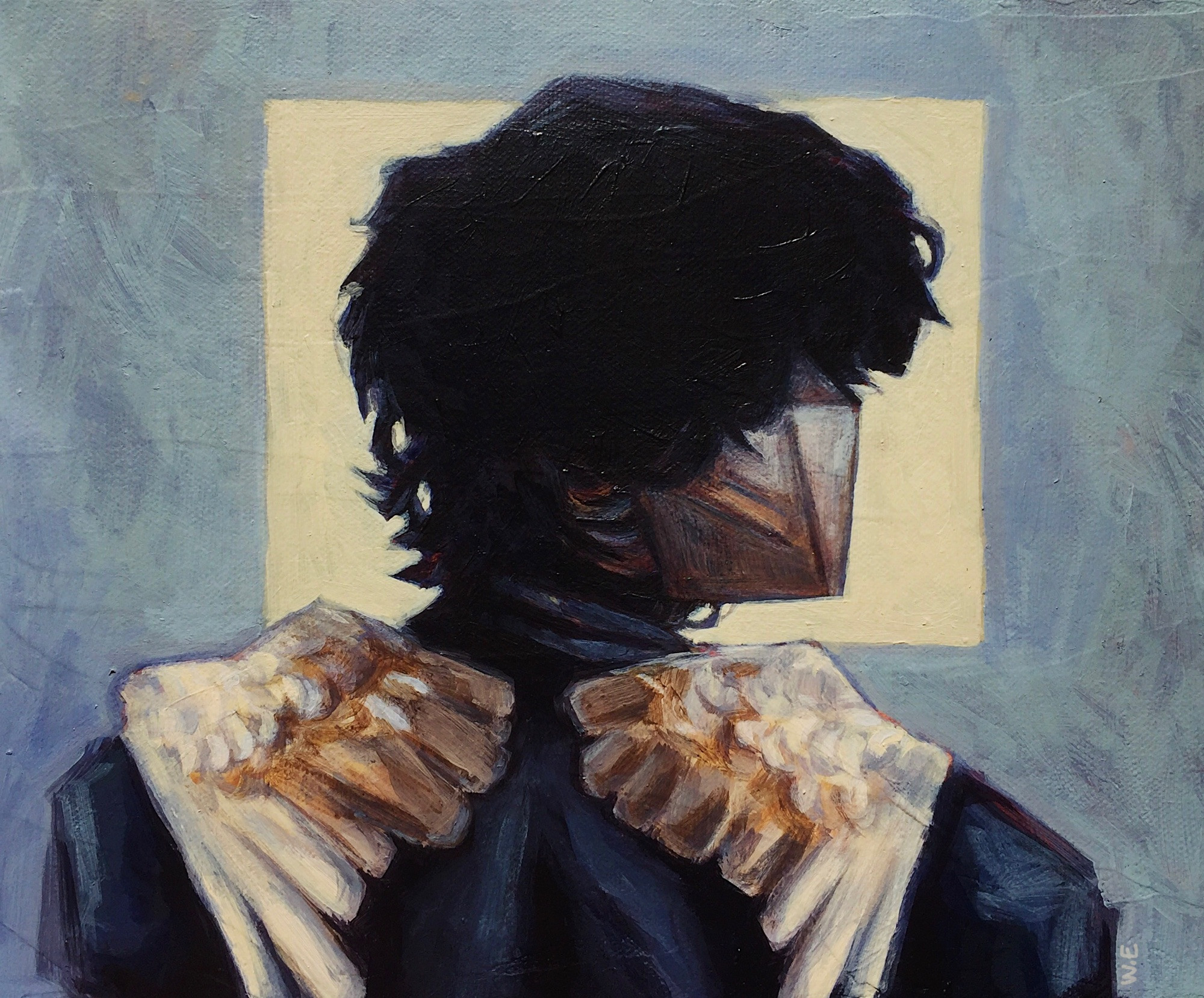 acrylic portrait of Generation Loss Ranboo. Side profile, back towards the viewer, two wings rested upon their shoulders. Pale yellow square behind them. The painting uses a soft blue and orange colour palette.