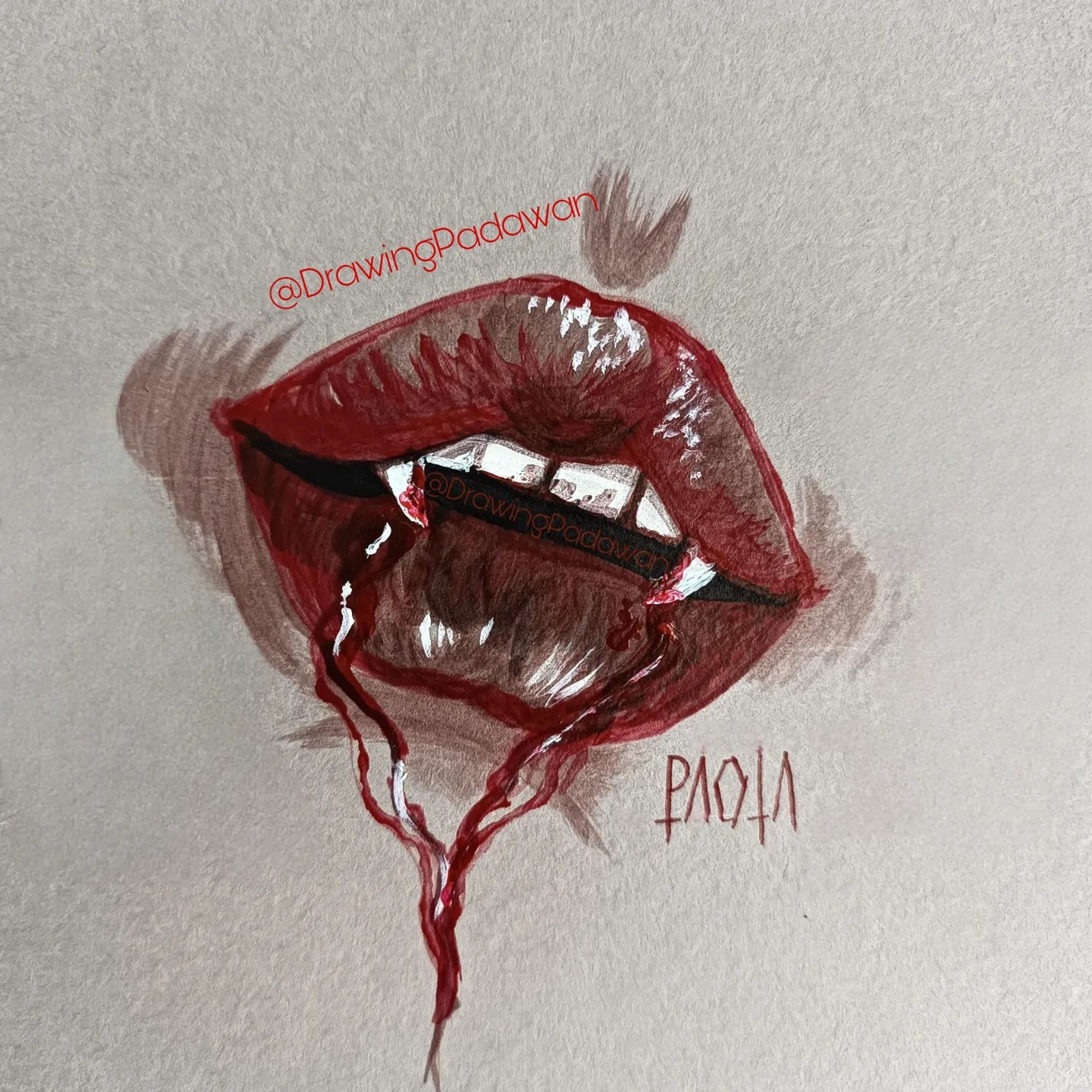 Labios de vampira, pintura acrílica sobre papel entonado.