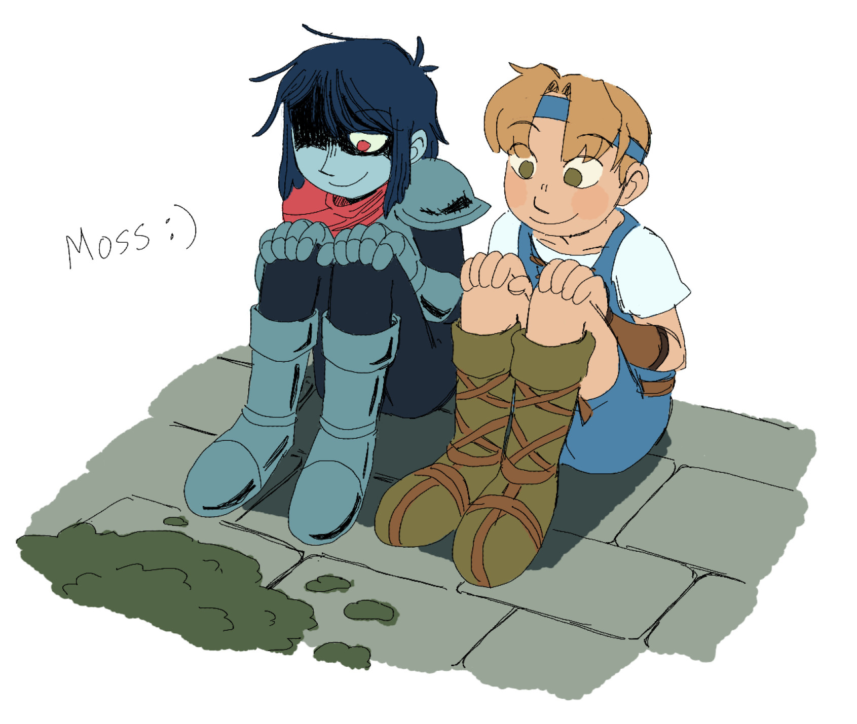 art of kris from deltarune and will from illusion of gaia sitting together in front of a bunch of moss and smiling