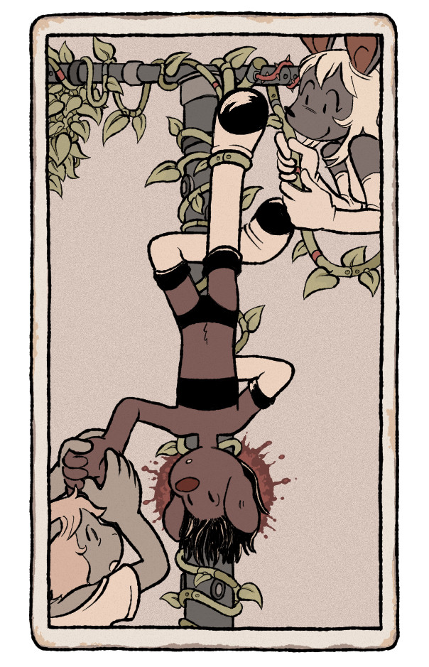 art of three of my OCs in the style of the tarot card “the hanged man”. iris, a dog girl, is hung upside-down and suspended by a cord that is both plant and cable, looped around a T-shaped metal structure. there is a halo of blood around her head. at the bottom left corner is ceres, a rabbit girl, taking iris’s hand in her own as iris looks toward her. iris is missing a glove on just this hand. in the top right corner is princess selene, a mouse girl, smiling as she clutches the rope that is binding iris.