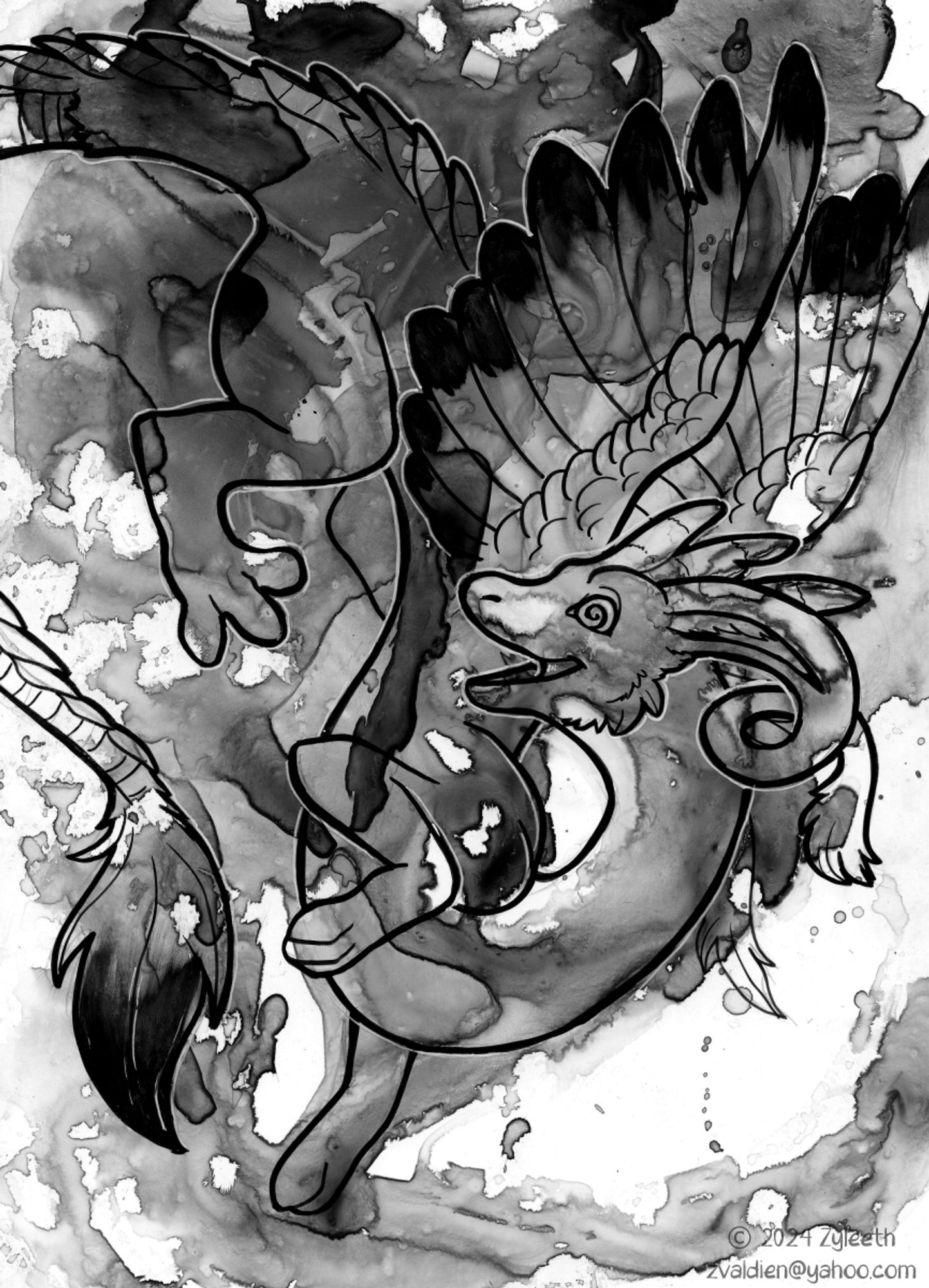 Black and white winged noodle dragon india ink painting.