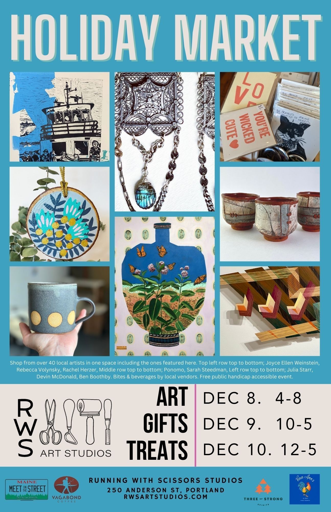 Colorful flyer for Running With Scissors 2023 Holiday Market. Saturday December 9, 10 am to 5 pm and Sunday December 10 noon to 5 pm. 250 Anderson Street in Portland, Maine.