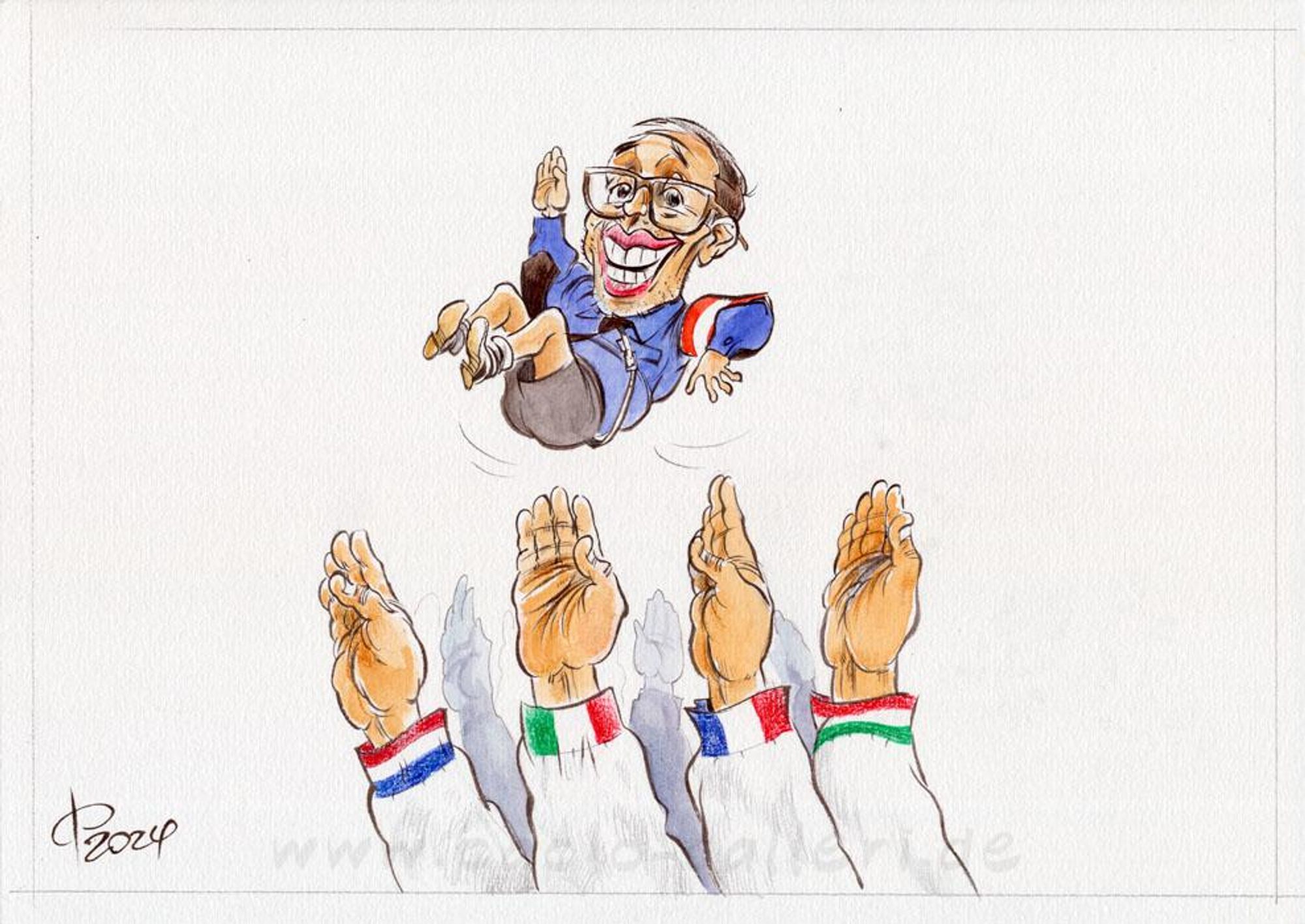 Karikatur. Rechte Arme mit ausgestreckter Hand werfen den FPÖ-Politiker Kickl in die Luft, so wie man jemanden hochleben lässt. Die Manschetten bilden die Nationalfarben der Länder Niederlande, Italien, Frankreich und Ungarn ab. Der grinsende Kickl streckt ebenfalls seinen rechten Arm in die Luft. Kickl trägt eine kurze schwarze Hose und ein blaues Hemd. Am linken Oberarm ist eine Armbinde in den Farben Rot Weiß Rot angebracht.