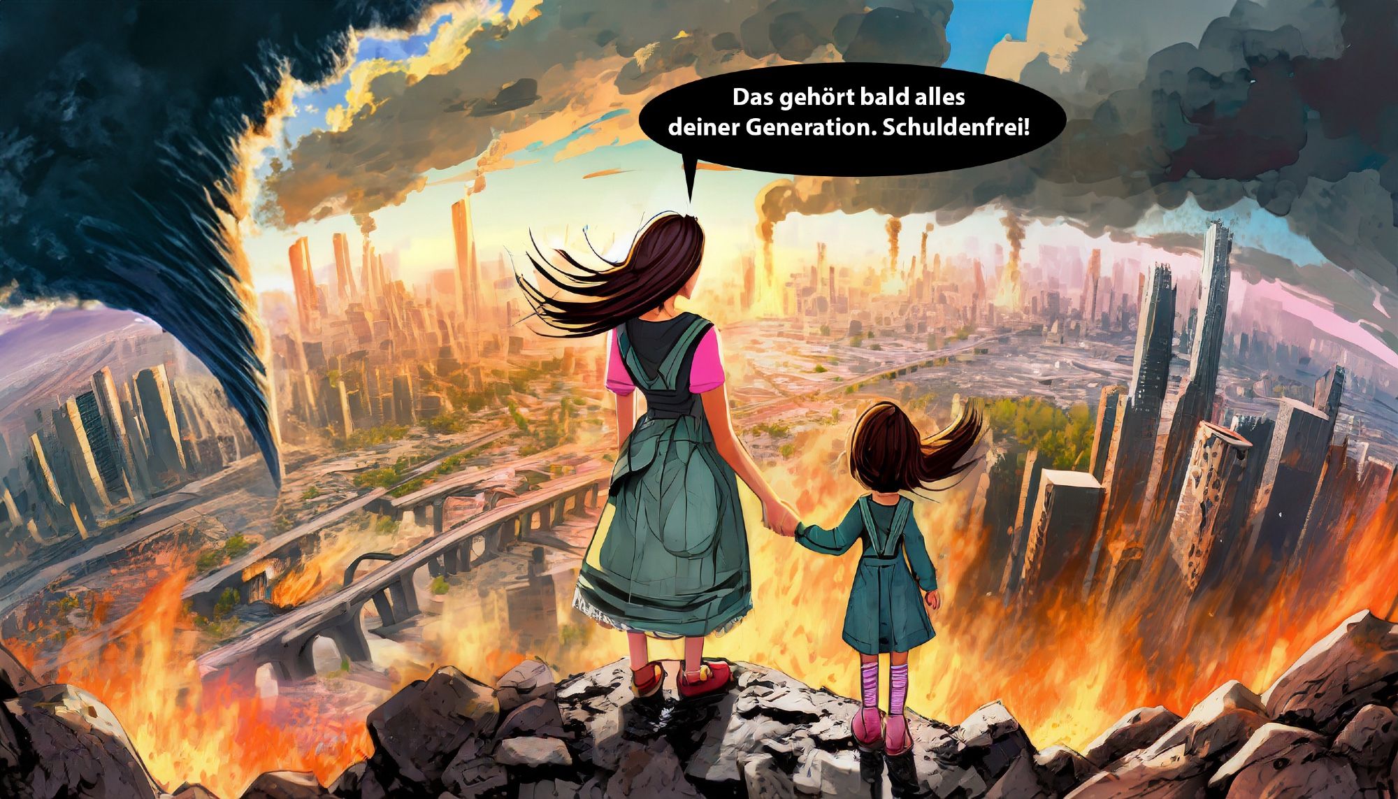 Eine Mutter und eine Tochter auf einem Berg. Im Tal eine verfallene, brennende moderne Großstadt, im Hintergrund rauchende Schornsteinschlote und ein Tornado. Mutter zur Tochter: Das gehört bald alles deiner Generation. Schuldenfrei!