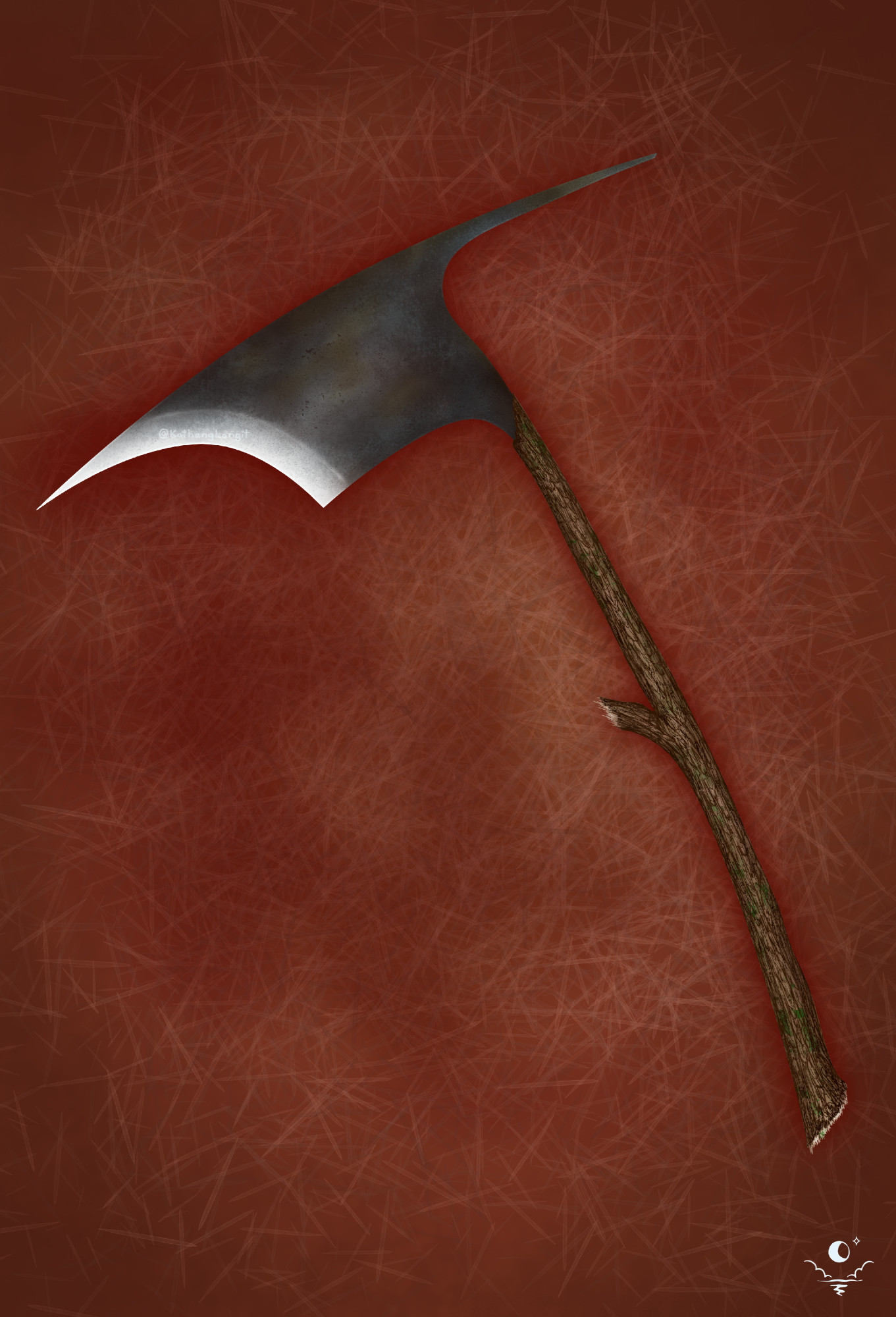 An axe from the Philippine Cordilleras.  The blade is wide, with the top half curved forward such that the edge is shaped like a crescent with the inside facing out and the top edge of the crescent tangent to the top of the axe-head, which in turn is perpendicular to the handle.  The back of the axe-head has a long protrusion on the top, serving as a spike.  The handle is a pine branch, still covered in its bark.  There is a protrusion halfway down the handle, on the same side as the edge,  where an arm of the branch has broken off.  The axe is on a bed of red soil, covered in pine-needles, with a suggestion of spilled and dried blood.