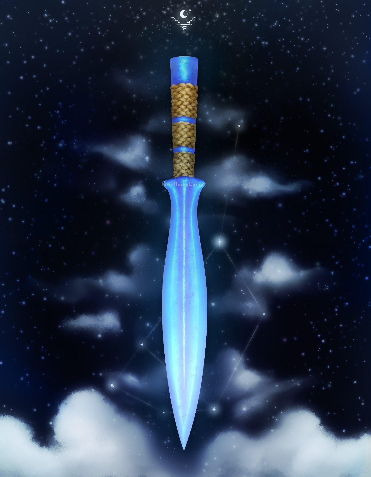 Digital art of a traditional Filipino blade known as a hinalung, somewhat leaf-shaped, with the point down.  The handle and blade are all hewn from the same metal, glowing blue, and the handle is wrapped in rattan.  It is floating against a backdrop of a starry night sky, with the bottom of the panel and the area around the blade covered in white clouds.  Larger stars connected by dim lines surround the blade.  Above the handle is the artist's logo- a stylized crescent moon with a single star next to it, above two walls of cloud, above the sea.