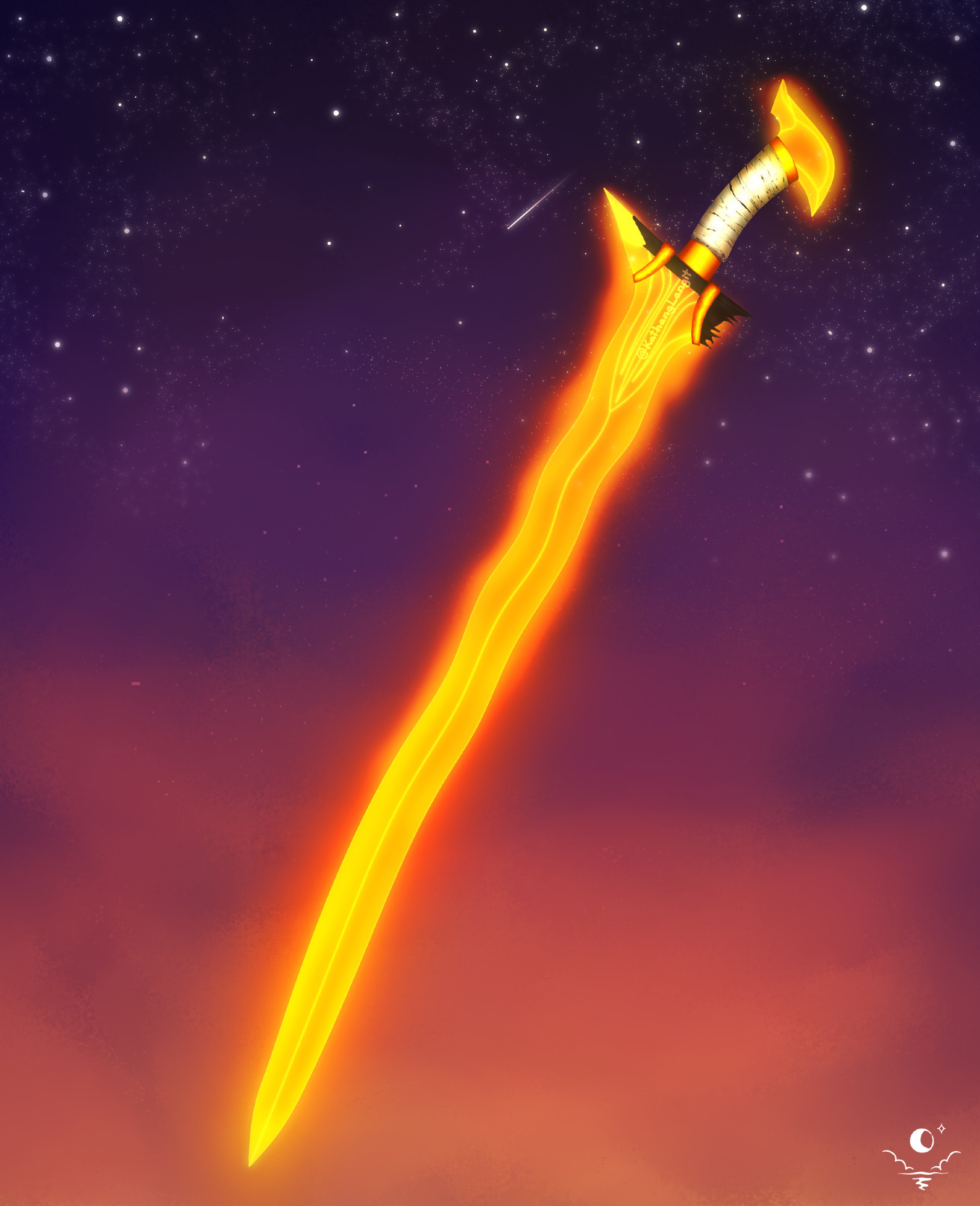 The same kalis as the previous photo, but the blade and pommel now glow brightly and are wreathed in flame, as if it were metal that had been heated in intense fires, or as if it burns with a fire of its own.