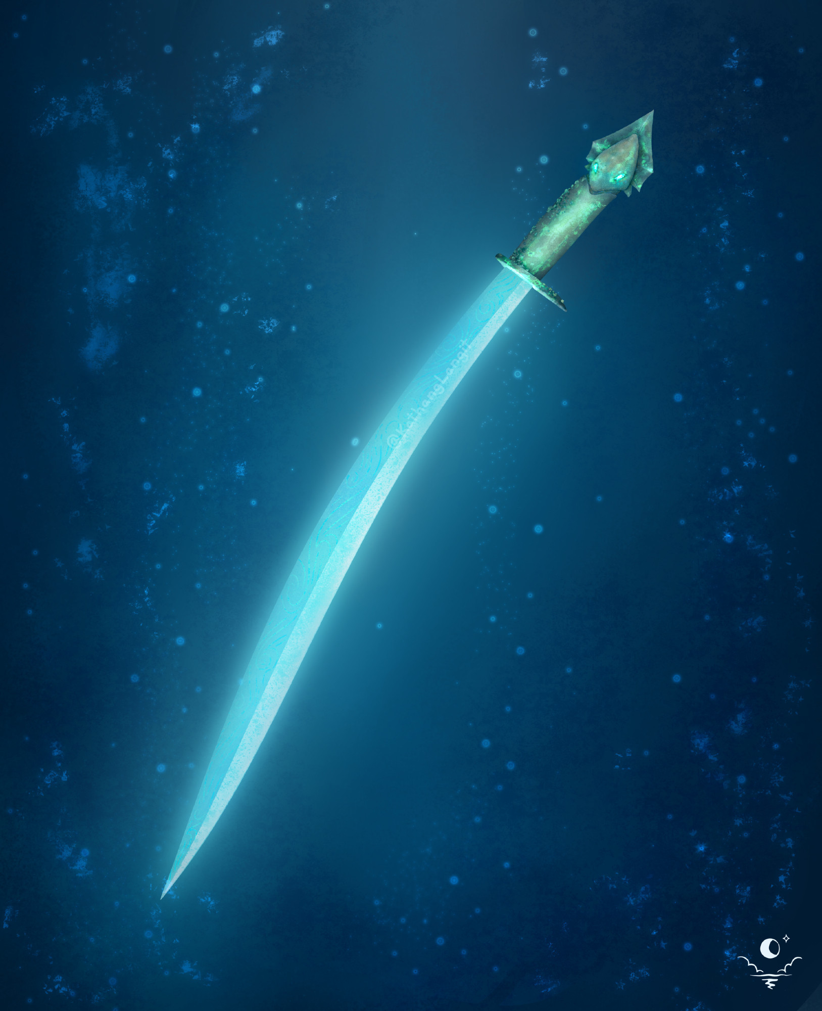 A blade of light, with a corroded metal hilt, the pommel of which resembles the head of a squid with two eyes.  The blade is underwater, surrounded by the darkness of the deep.