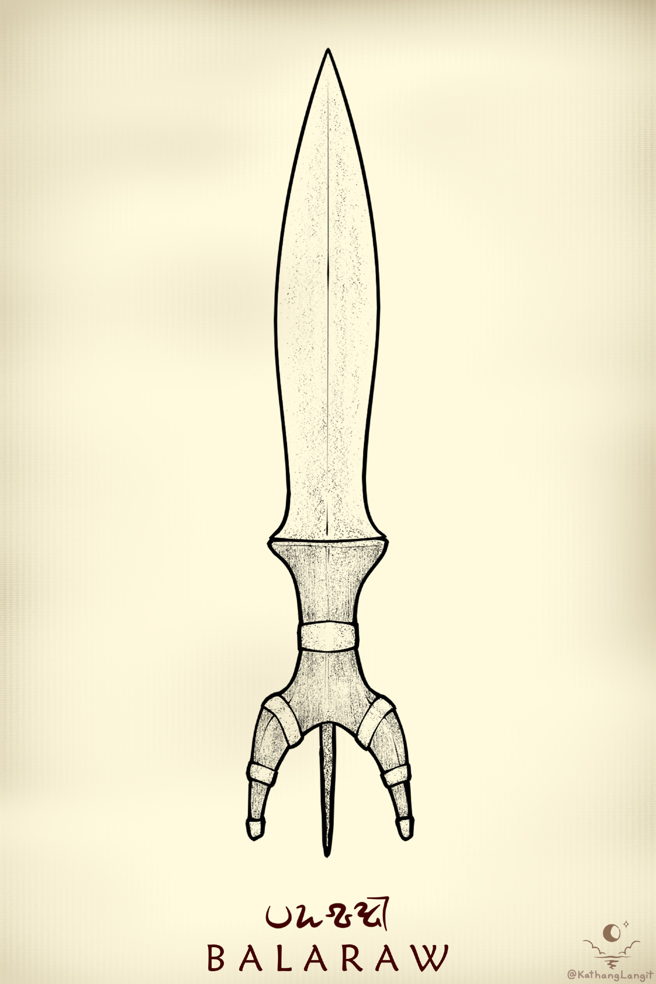 A winged dagger known as a balaraw.  The blade is shaped like a leaf.  There is no guard on the hilt, and bands of metal hold it together.  The hilt extends downwards into two horns.  Between the horns, the tang of the blade extends outward as a metal spike.