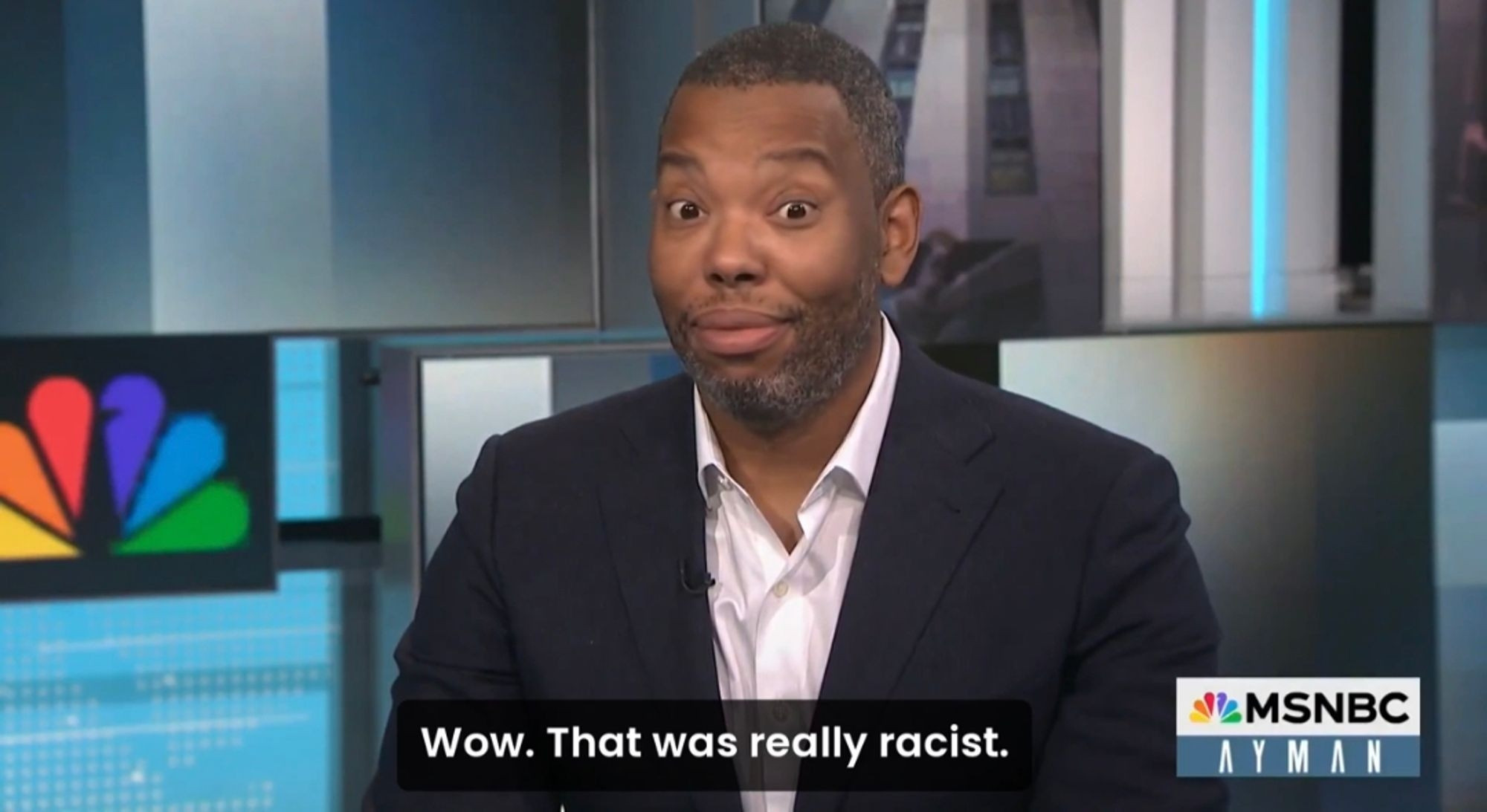 Ta Nehisi Coates looking at the camera with something of a bemused smile while the caption reads, "Wow. That was really racist."