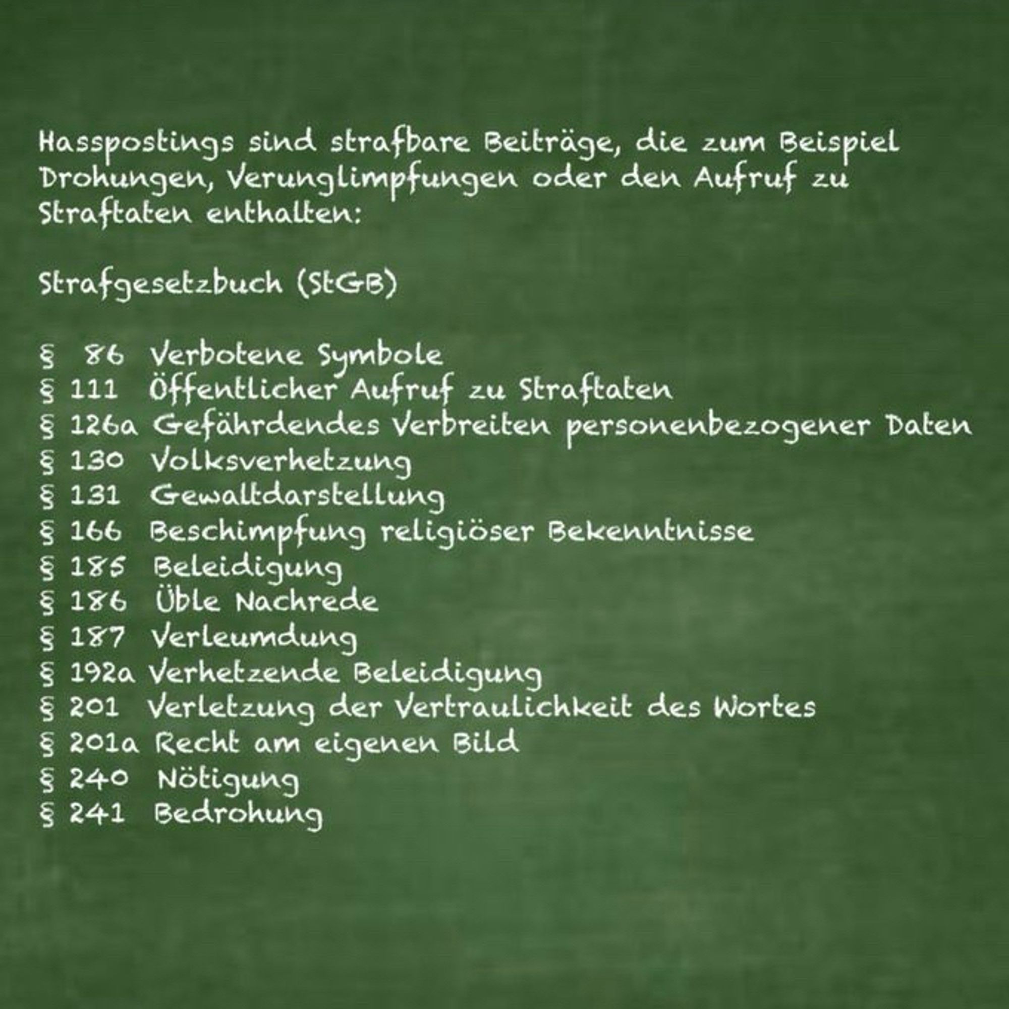 Tafelanschrieb:

Hasspostings sind strafbare Beiträge, die zum Beispiel Drohungen, Verunglimpfungen oder den Aufruf zu Straftaten enthalten:

Strafgesetzbuch (StGB)

§ 86 Verbotene Symbole
§ 111 Öffentlicher Aufruf zu Straftaten
§ 126a Gefährdendes Verbreiten personenbezogener Daten
§ 130 Volksverhetzung
§ 131 Gewaltdarstellung
§ 166 Beschimpfung religiöser Bekenntnisse
§ 185 Beleidigung
§ 186 Üble Nachrede
§ 187 Verleumdung
§ 192a Verhetzende Beleidigung
§ 201 Verletzung der Vertraulichkeit des Wortes
§ 201a Recht am eigenen Bild
§ 240 Nötigung
§ 241 Bedrohung