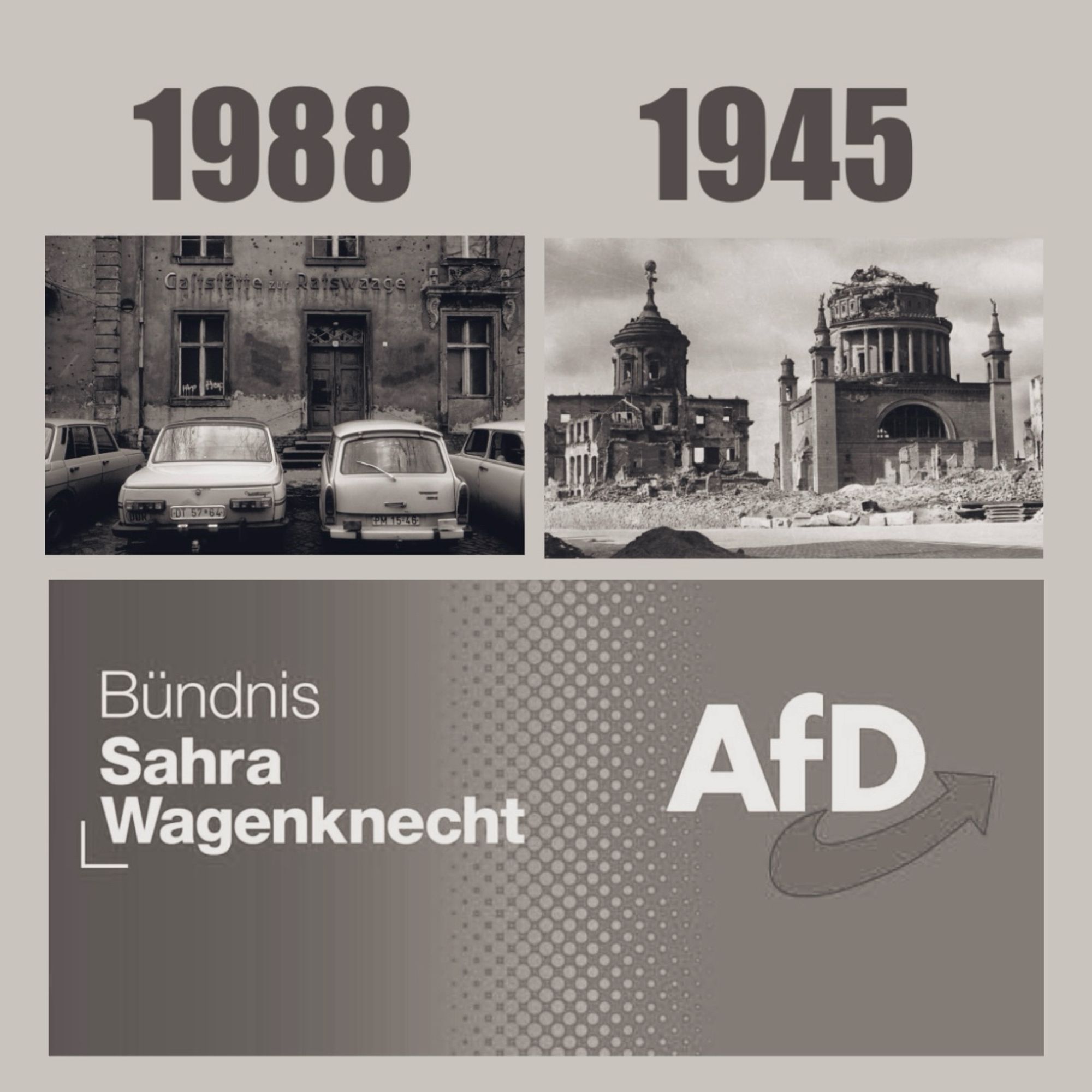 Potsdam 1988 und 1945, darunter die Logos von BSW und AfD