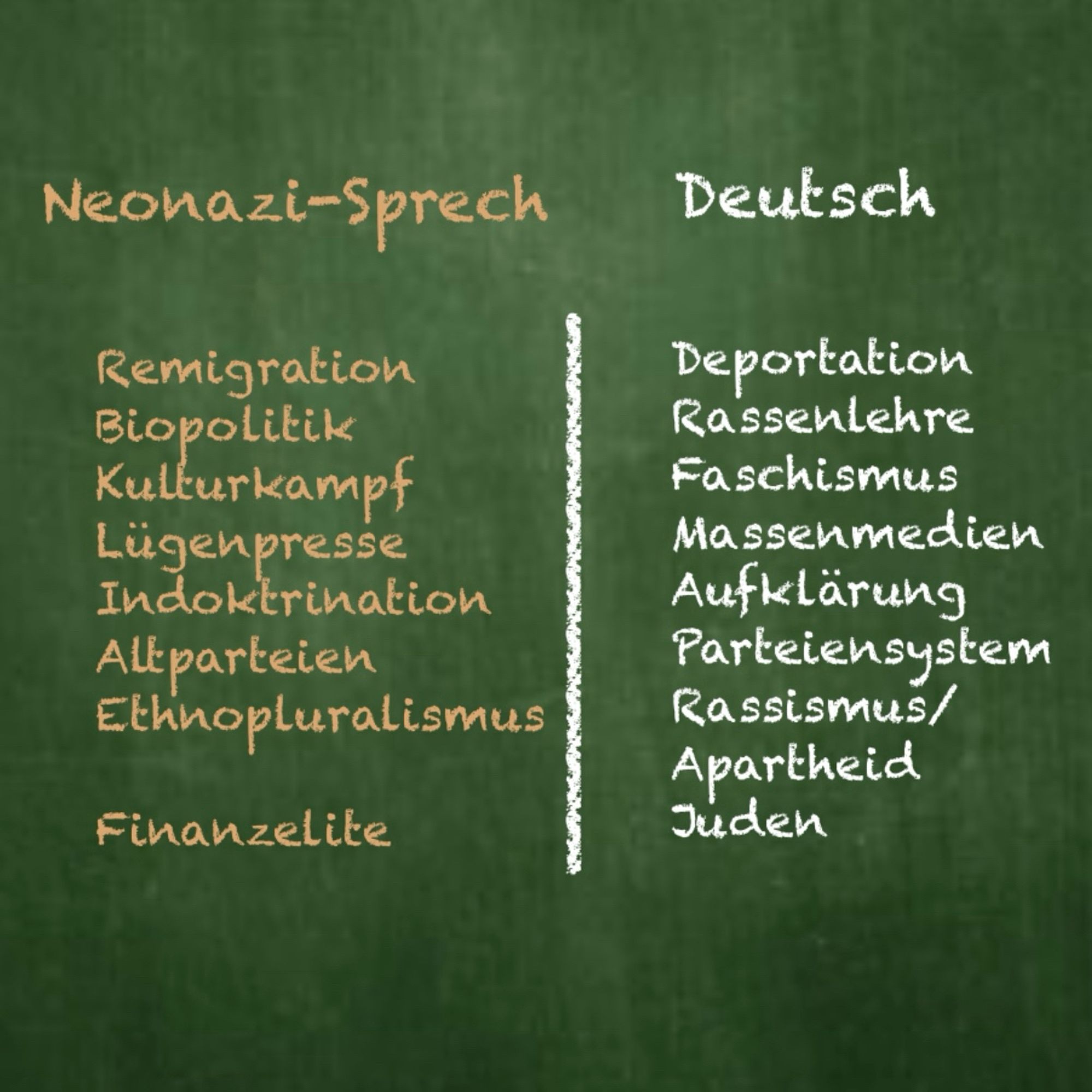 Neonazi-Sprech vs. Deutsch:

Remigration: Deportation 
Biopolitik: Rassenlehre
Kulturkampf: Faschismus
Lügenpresse: Massenmedien 
Indoktrination: Aufklärung 
Altparteien: Parteiensystem
Ethnopluralismus: Rassismus/Apartheid
Finanzelite: Juden