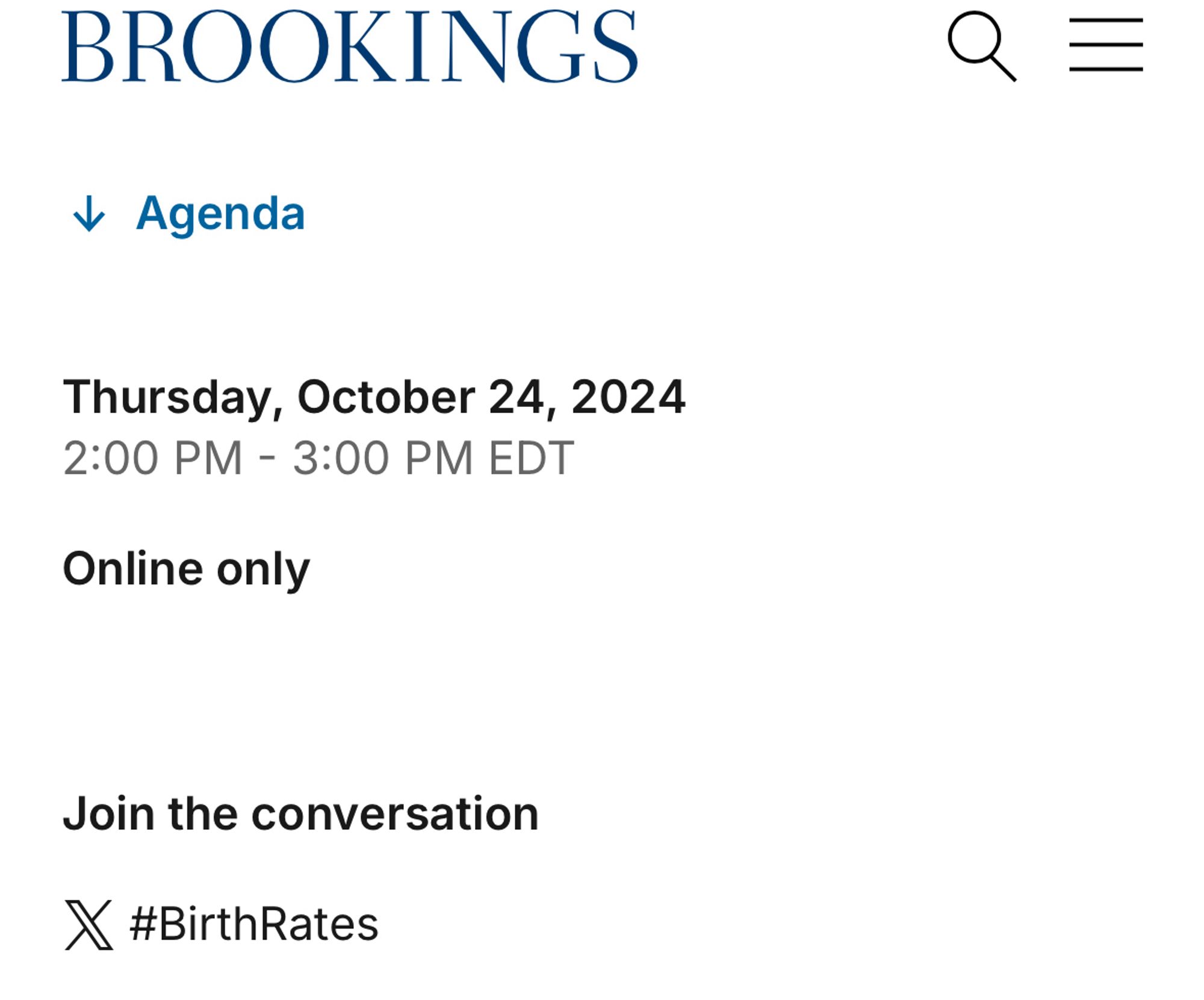 A screenshot of a Brookings event announcement on Thursday October 24 that also includes the text “Join the conversation” and then the X/Twitter symbols and #BirthRates